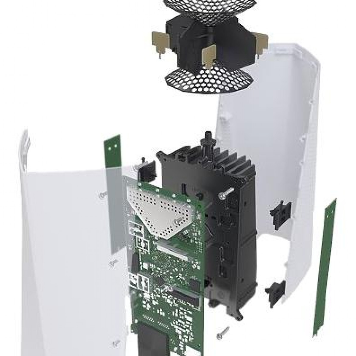 Componenti del purificatore d'aria separati. Mostra il circuito stampato, la ventola e le parti del guscio.