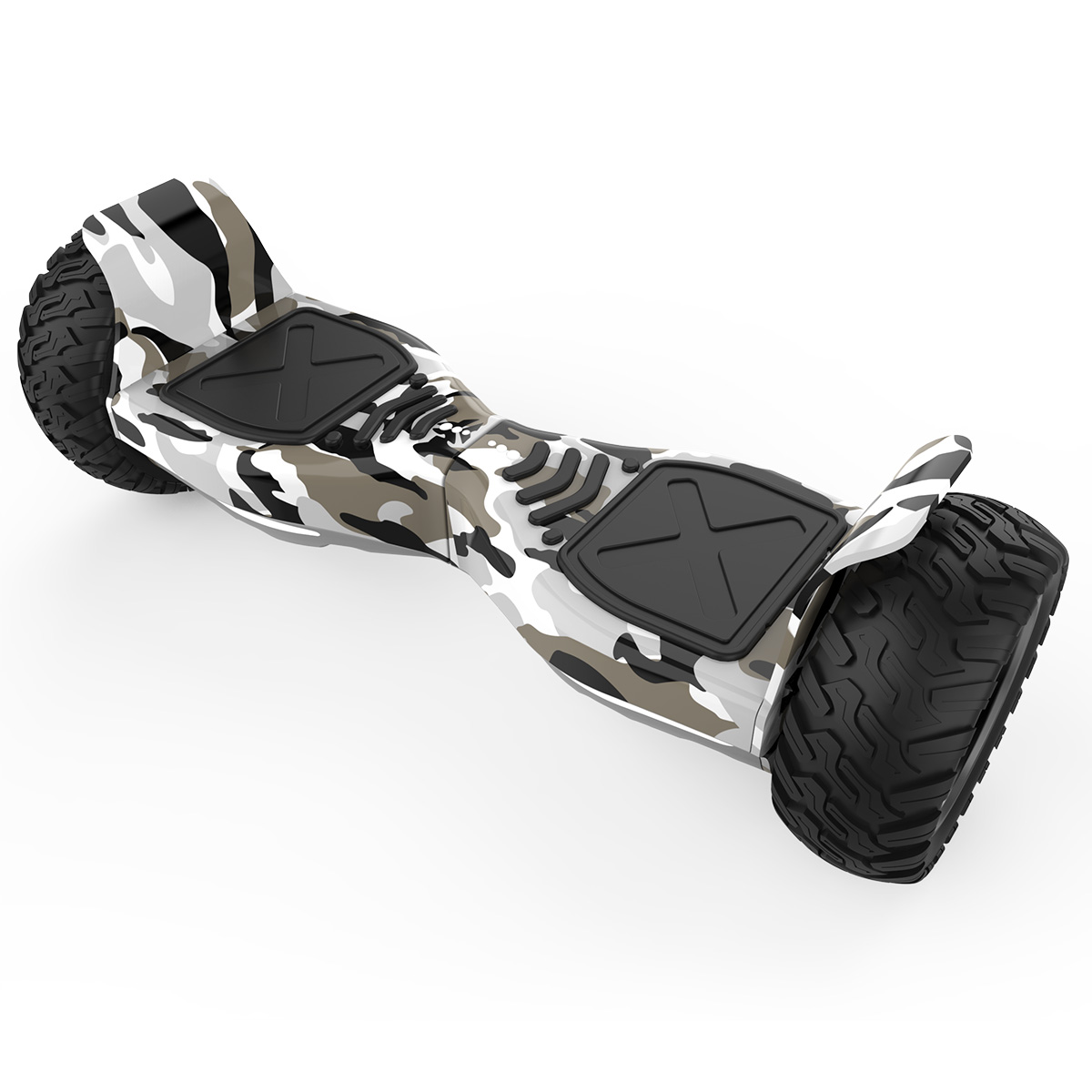 Ein weißes und Camouflage-Hoverboard mit schwarzen Rädern und einem schwarzen Fußpolster.
