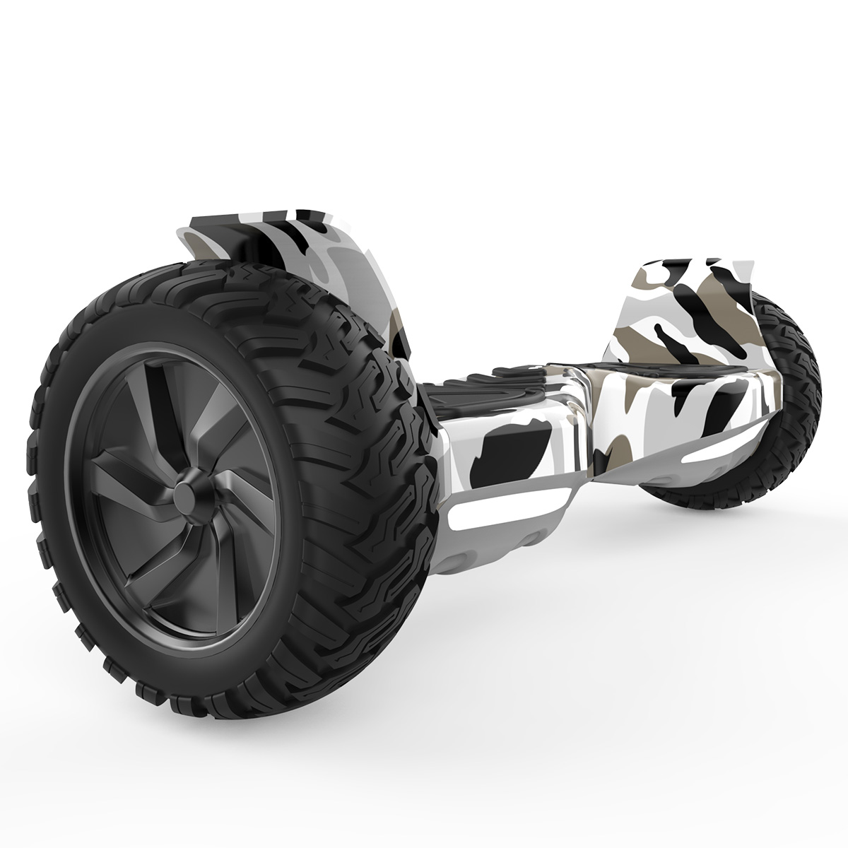 Hoverboard mit Tarnmuster, schwarzen Reifen und weißem Hintergrund.