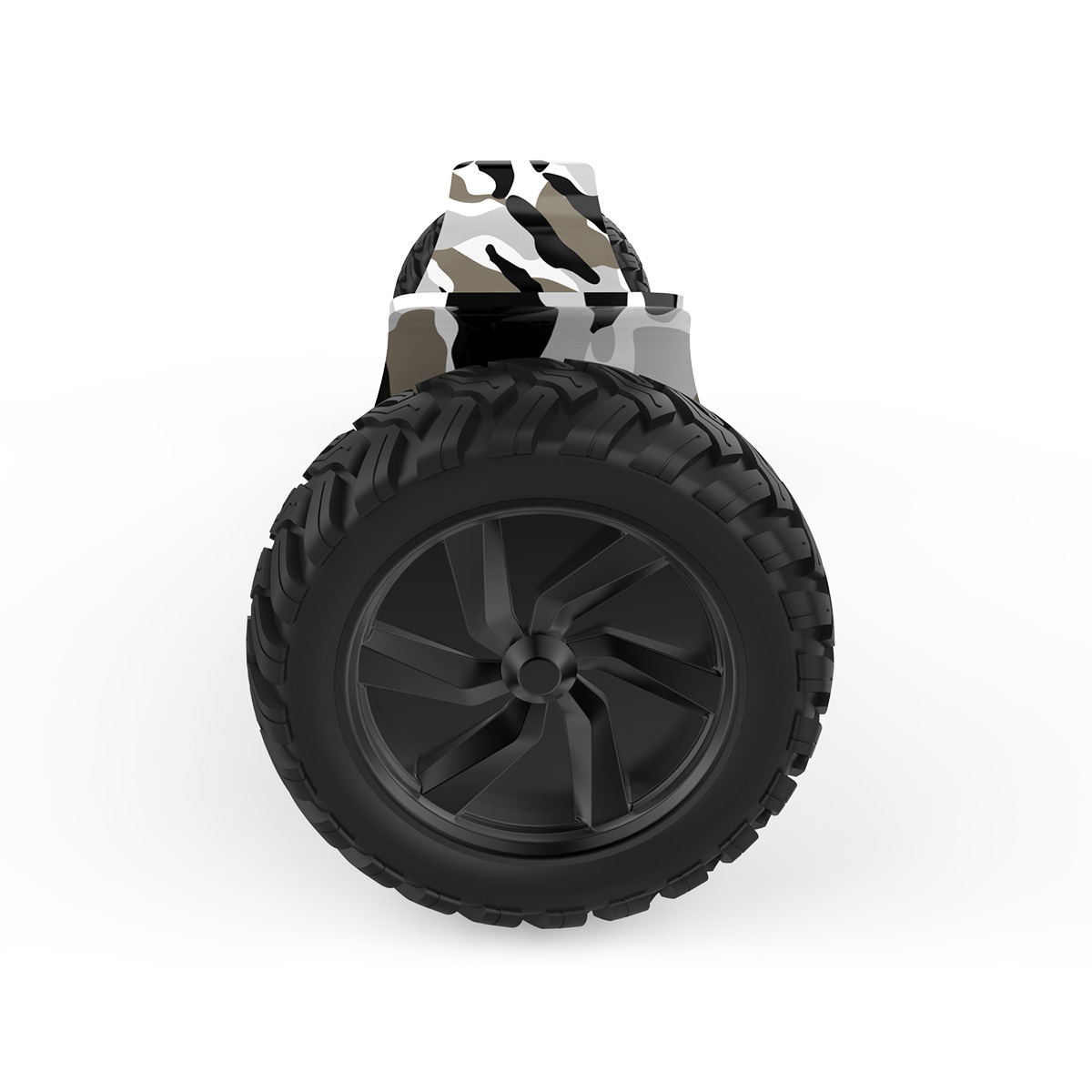 Ein weißes und Camouflage-Hoverboard-Rad auf weißem Hintergrund mit einem schwarzen Reifen.