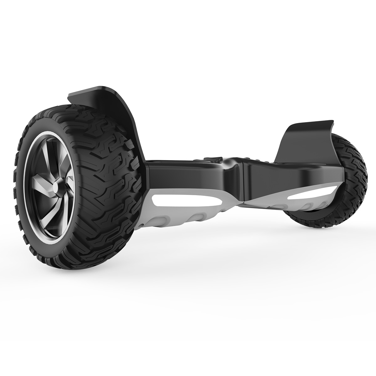 Schwarz-graues Hoverboard mit großen Reifen auf weißem Hintergrund, angewinkelte Ansicht.