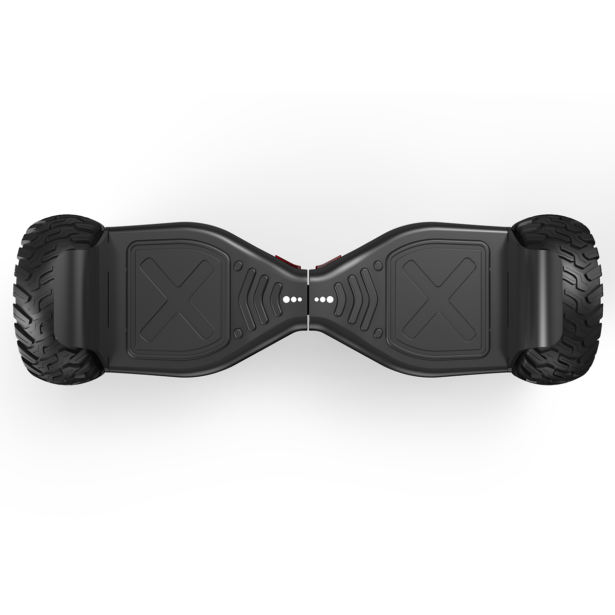 Ein schwarzes Hoverboard mit großen schwarzen Rädern wird vor weißem Hintergrund gezeigt.