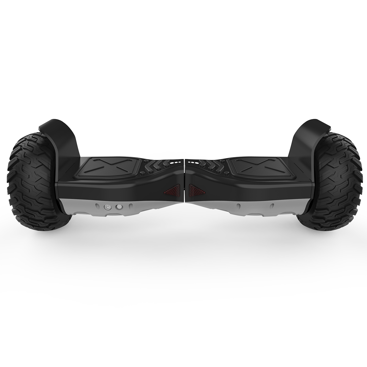 Schwarzes Hoverboard mit großen Rädern mit Reifenprofil. Die Räder sind schwarz und grau.