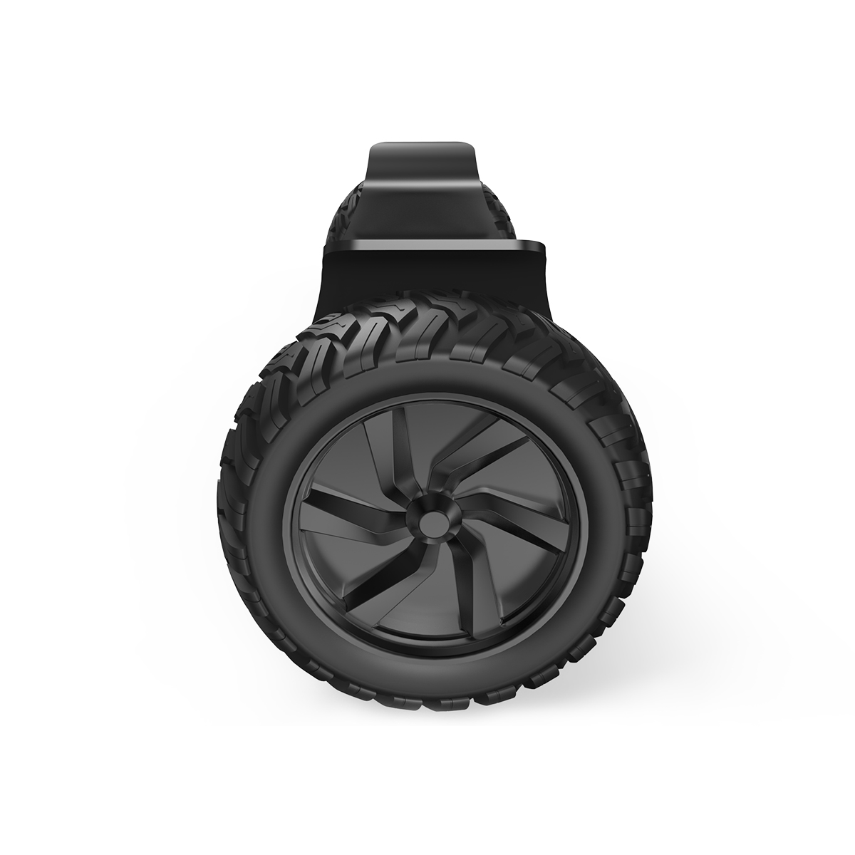 Schwarzes Rad, Draufsicht. Der Reifen hat aggressive Profile und eine schwarze Nabe mit einzigartigem Design.