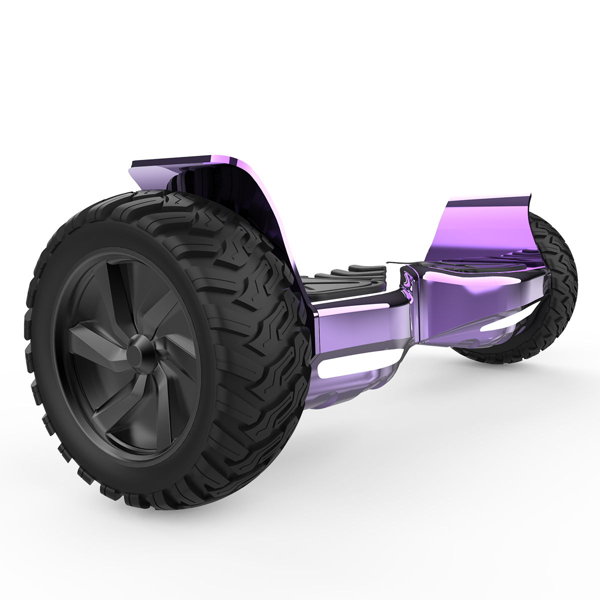 Lila Hoverboard mit schwarzen Rädern auf weißem Hintergrund.