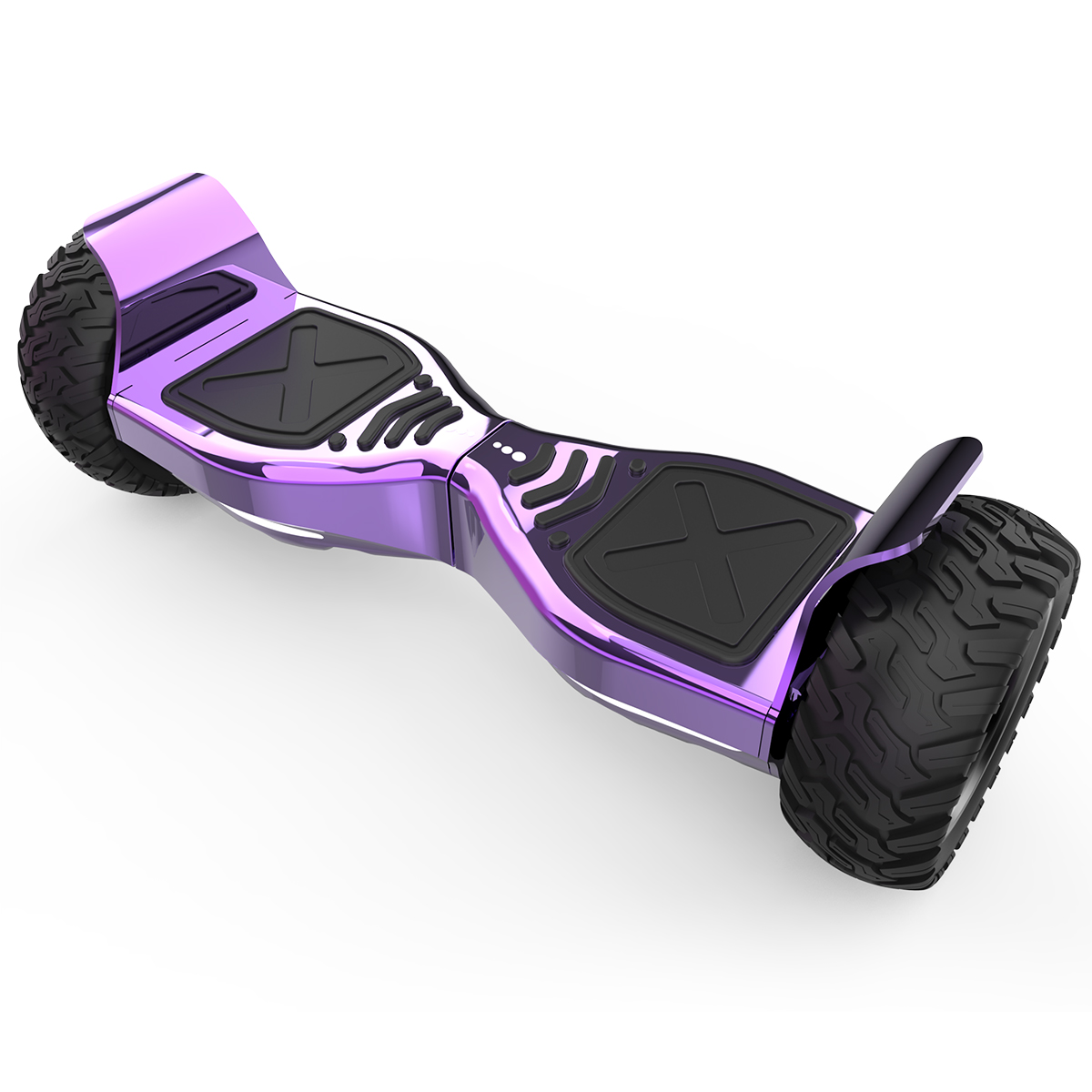 Ein lila Hoverboard. Es hat schwarze Fußpads, Reifen und einen geschwungenen Körper. Weißer Hintergrund.