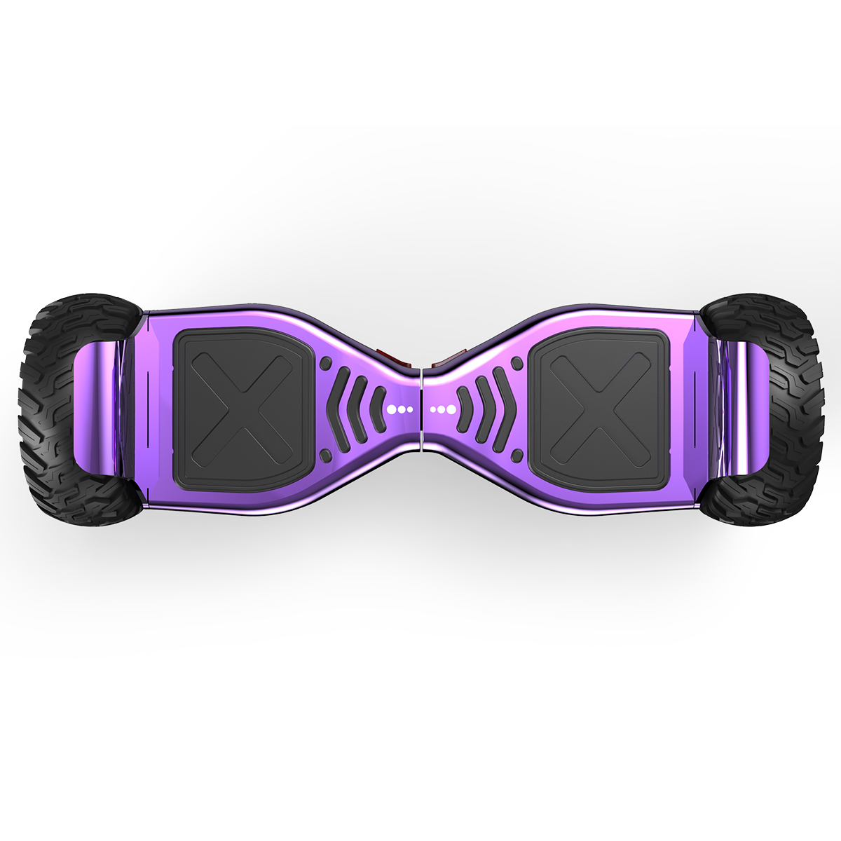 Ein lila Hoverboard auf weißem Hintergrund, von oben betrachtet.