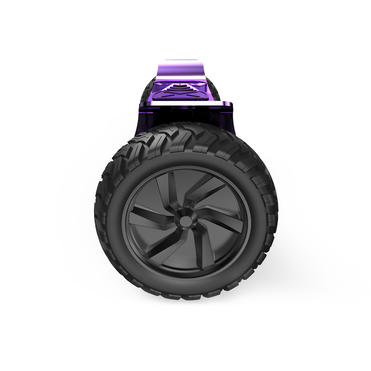 Nahaufnahme eines lila-schwarzen Hoverboard-Rads auf weißem Hintergrund.