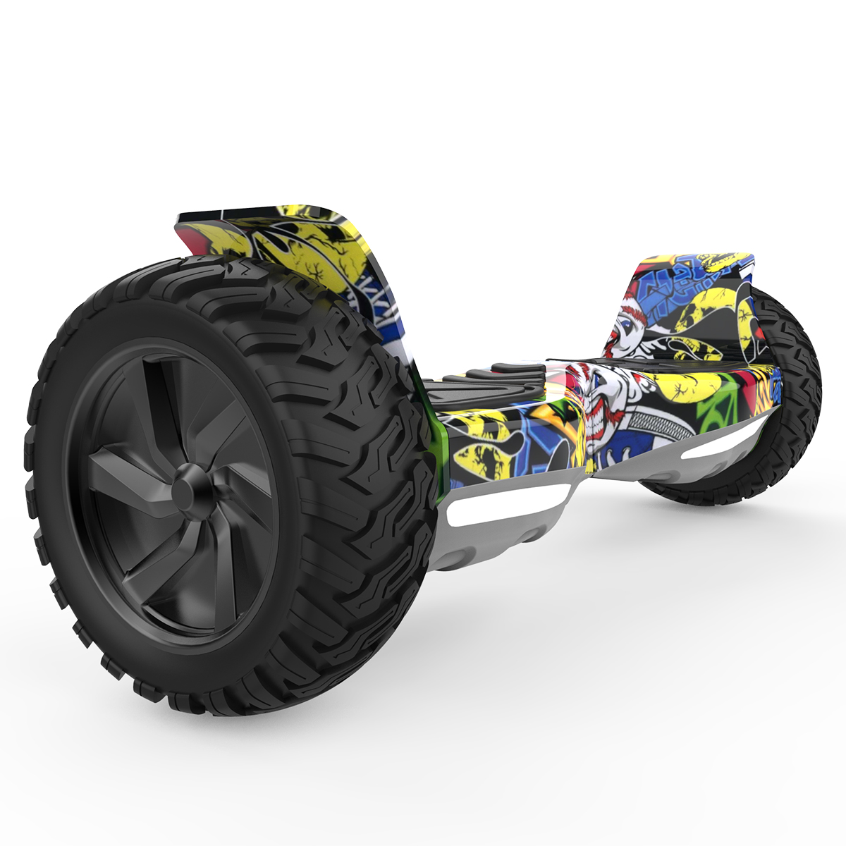 Hoverboard mit Graffiti-Design auf weißem Hintergrund. Große schwarze Reifen und farbenfrohe Grafik.