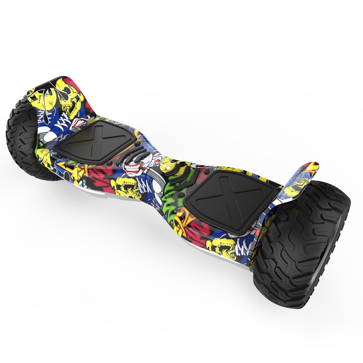 Ein buntes Hoverboard mit schwarzen Fußauflagen und großen Rädern vor weißem Hintergrund.