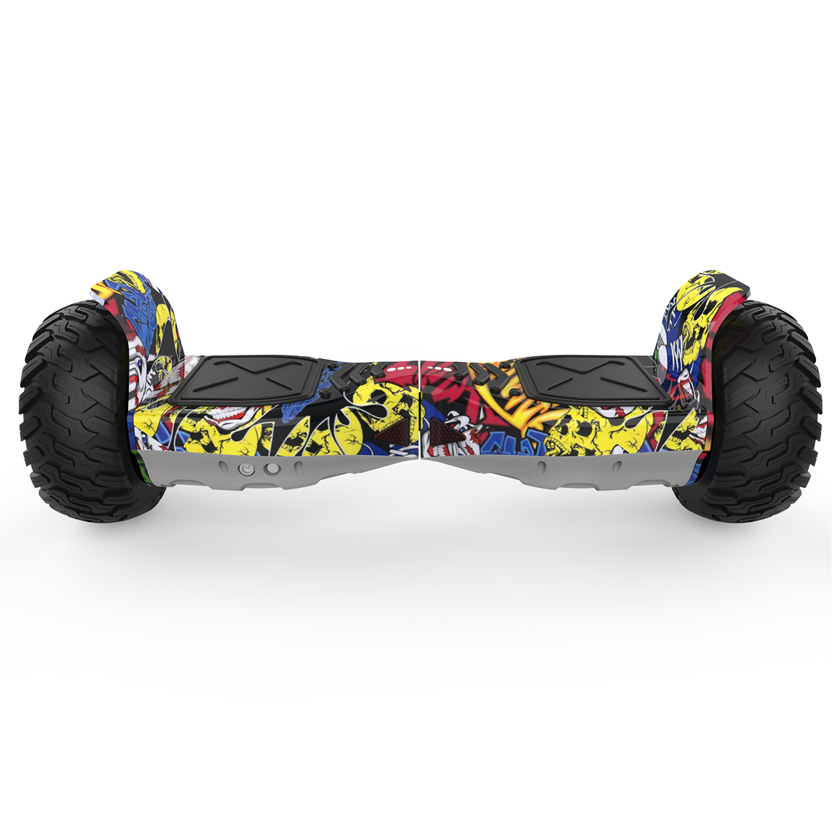 Ein bunt mit Graffiti bedecktes Hoverboard, mit großen Offroad-Rädern, von vorne gesehen.