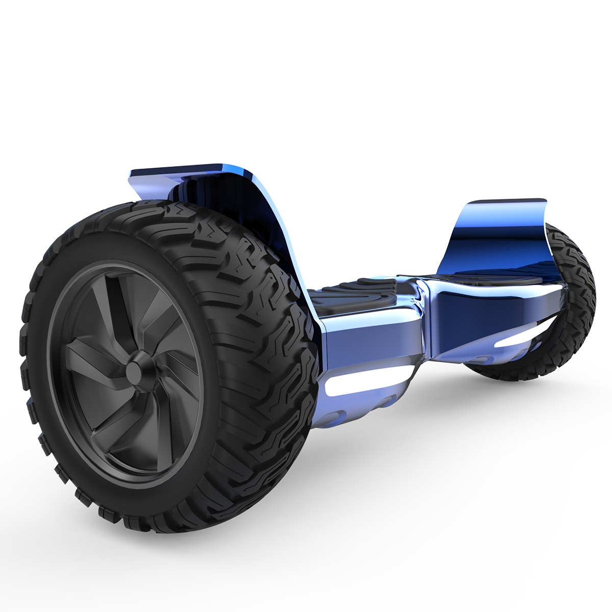 Ein blaues Hoverboard mit schwarzen Rädern, isoliert auf weißem Hintergrund.