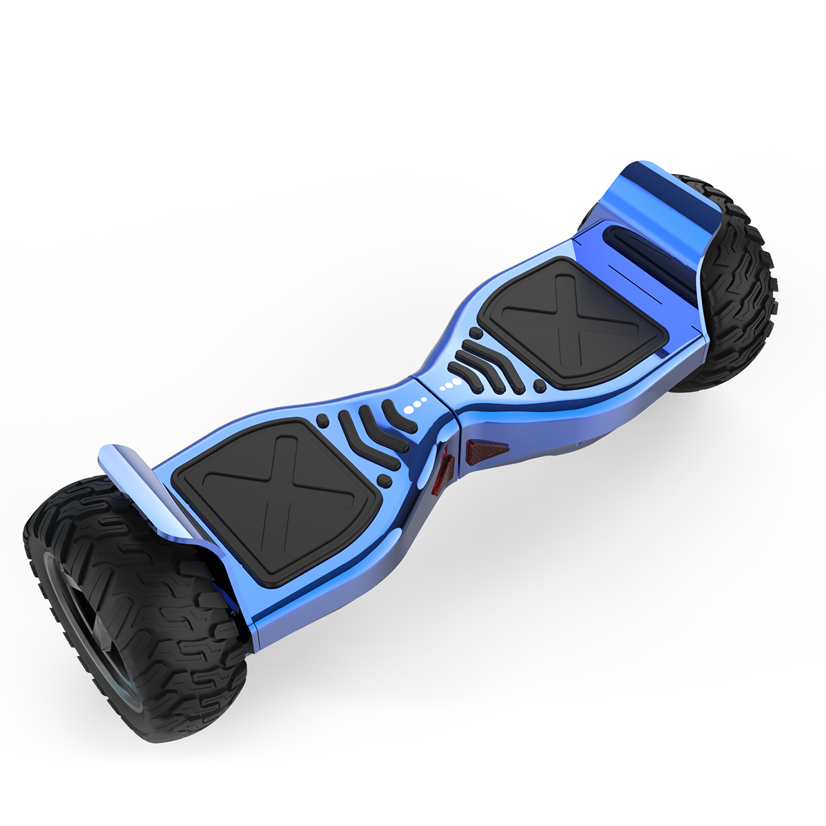 Blaues Hoverboard mit schwarzen Fußpads und großen Reifen. Es hat ein schlankes Design.