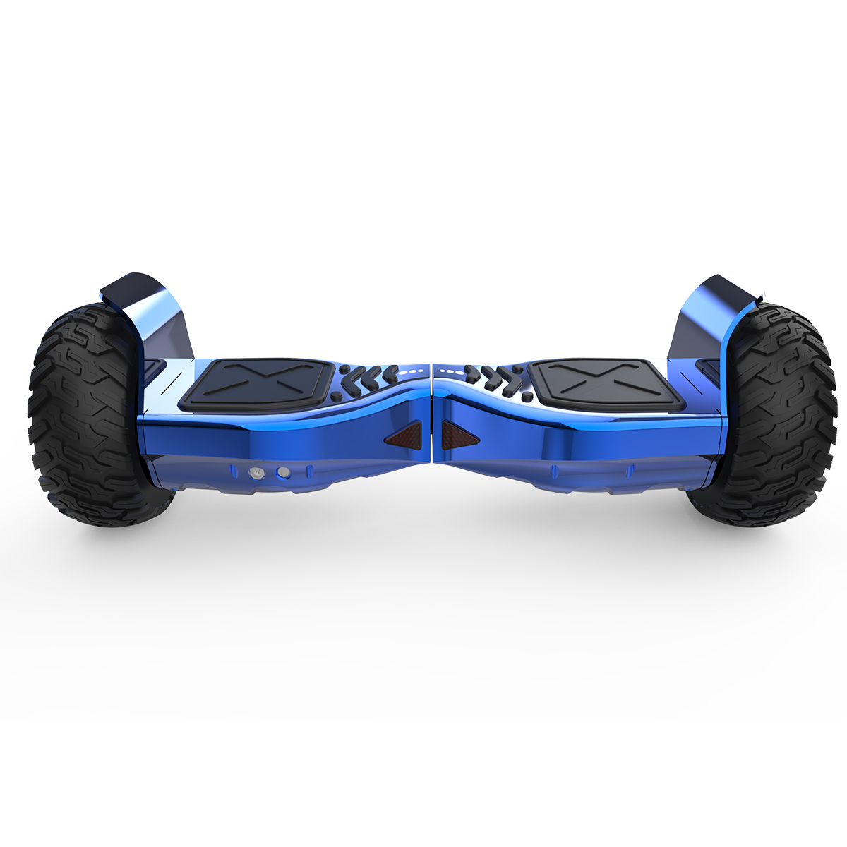 Blaues Hoverboard mit schwarzen Reifen.
