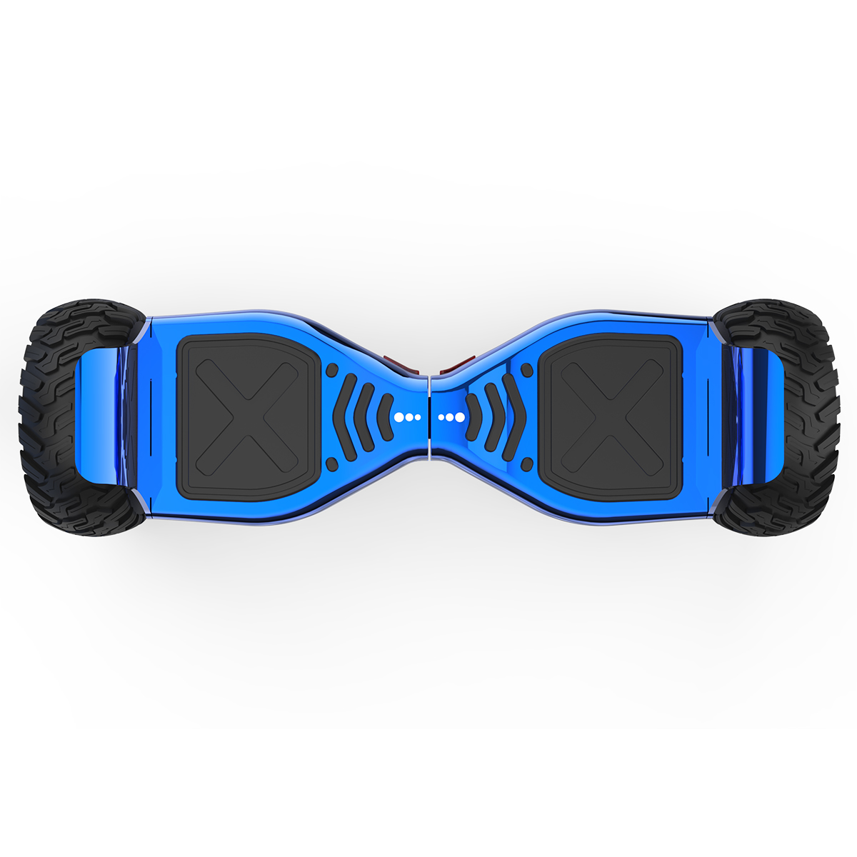Ein blauer Hoverboard mit schwarzen Profilen, von oben betrachtet, auf weißem Hintergrund.