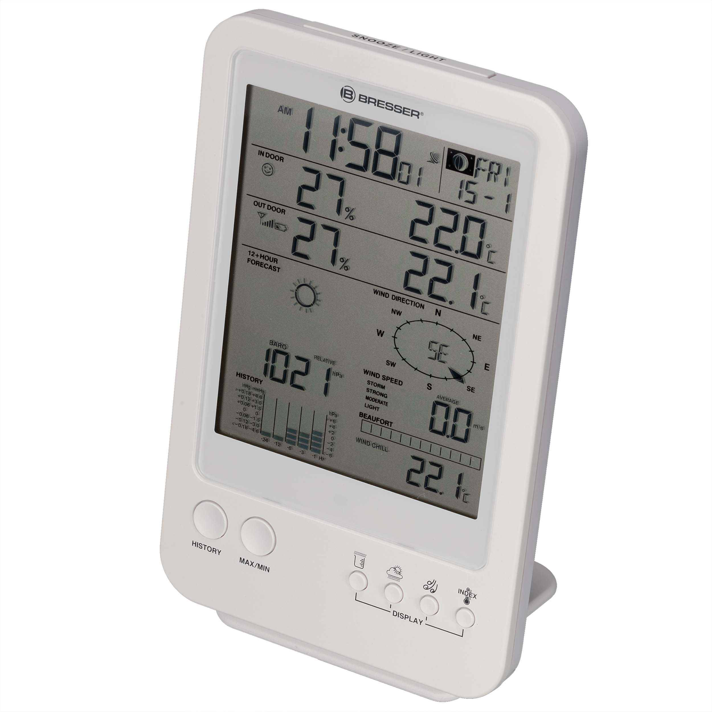 Digitale Wetterstation mit Uhrzeit, Temperatur und Wettervorhersage.