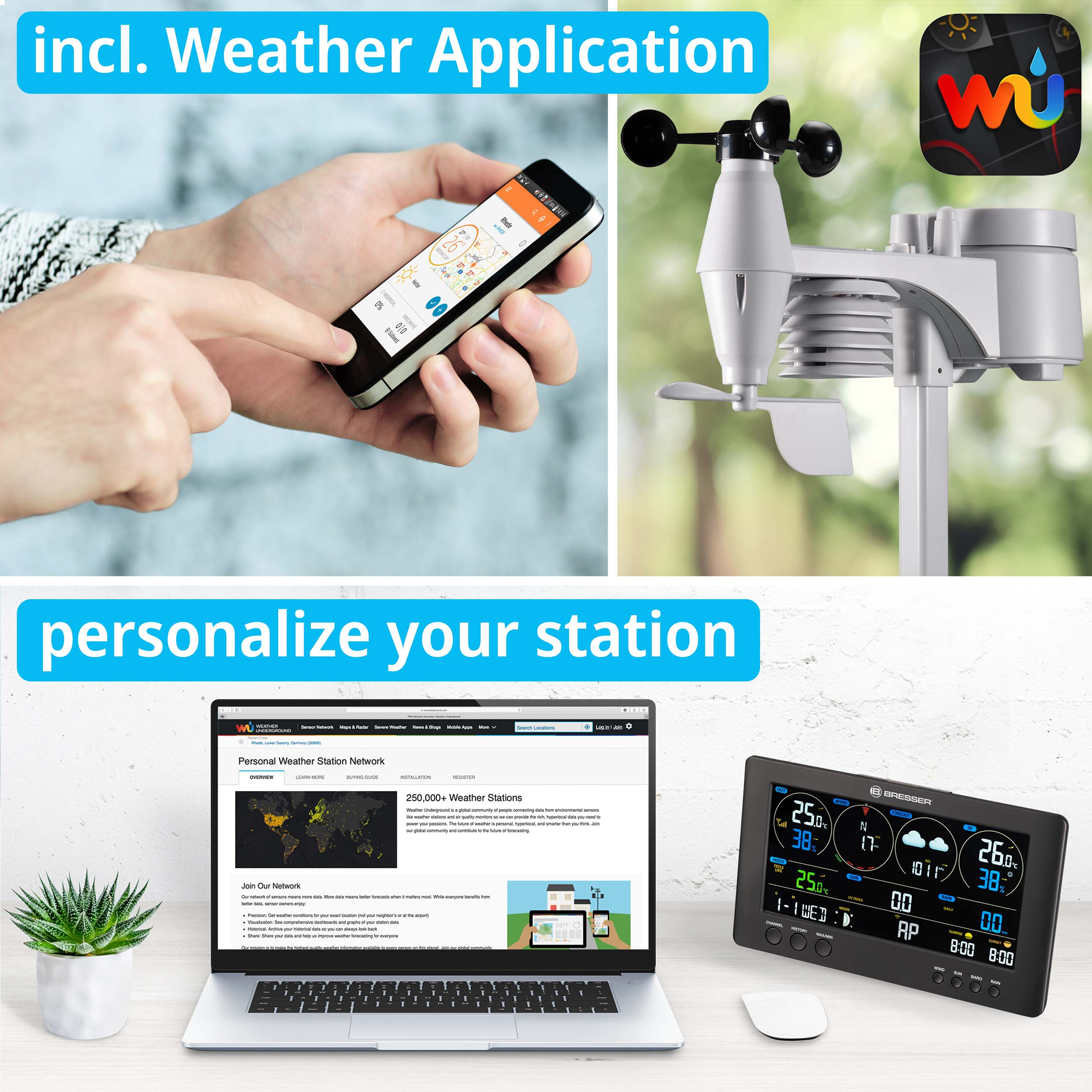 Person verwendet Wetter-App auf Telefon, Wetterstation.