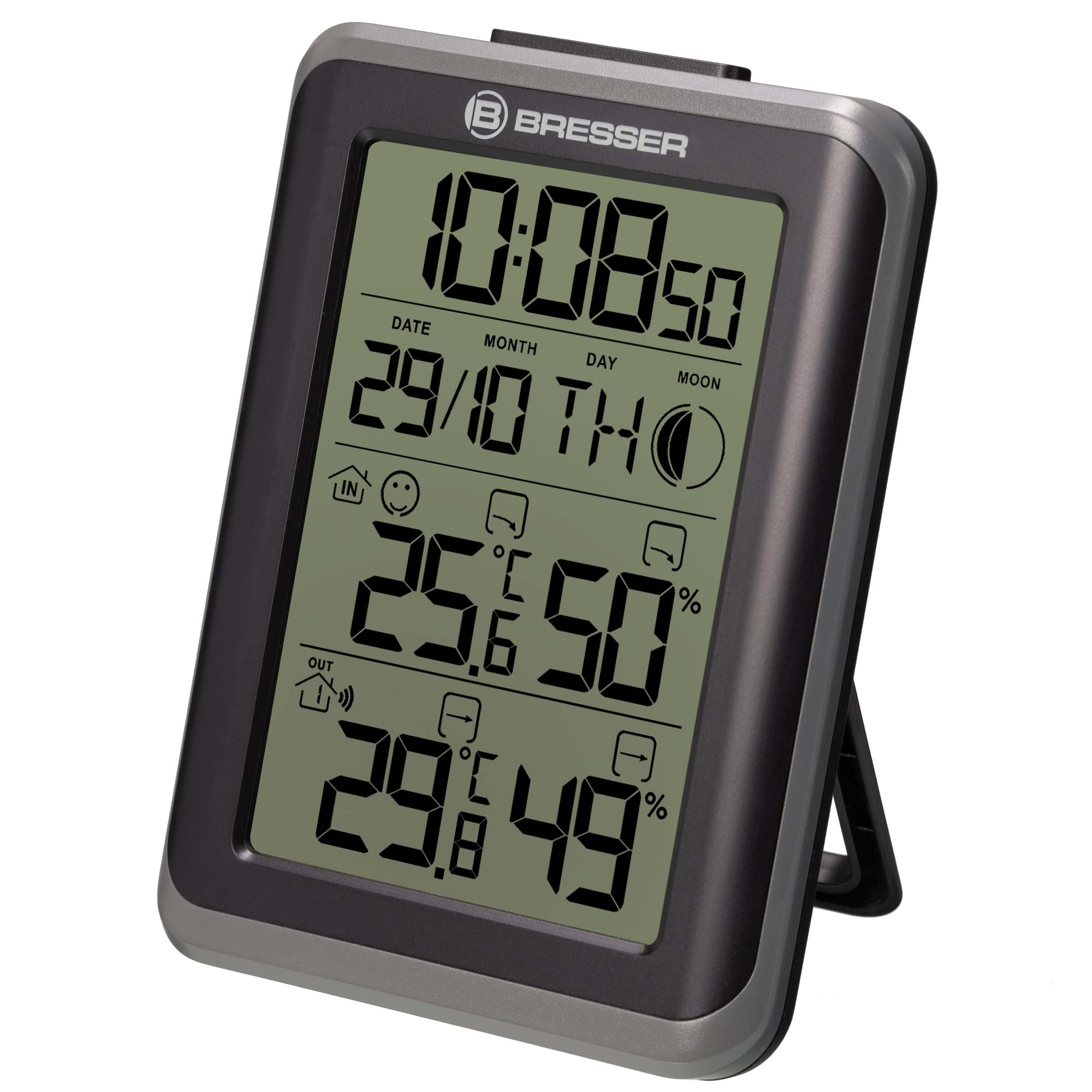 Digitale Bresser Wetterstation mit Zeit-, Datums- und Temperaturanzeige. Schwarzer Rahmen auf weißem Grund.