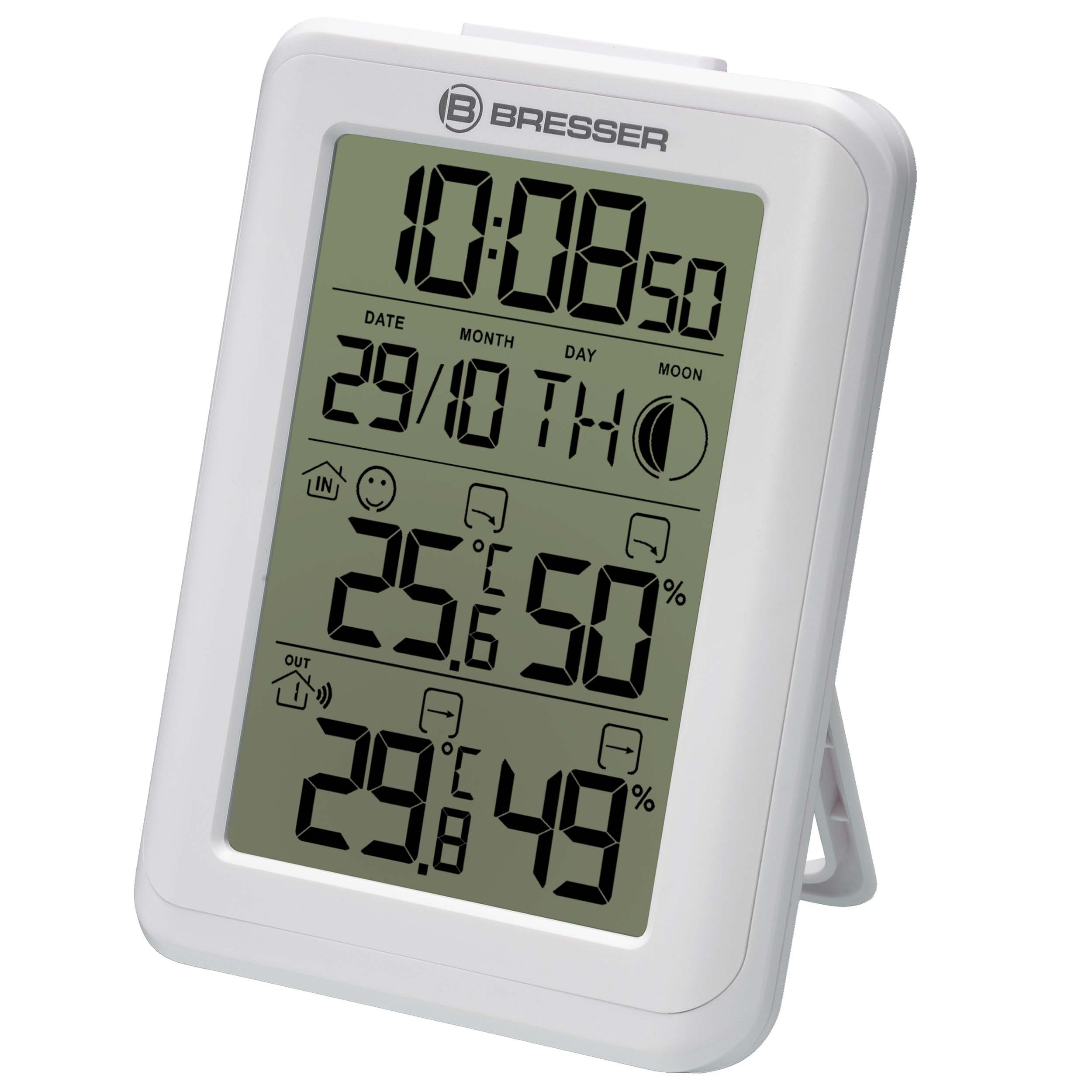 Weißes digitales Thermometer mit Ständer, zeigt Datum, Uhrzeit, Luftfeuchtigkeit und Temperatur.