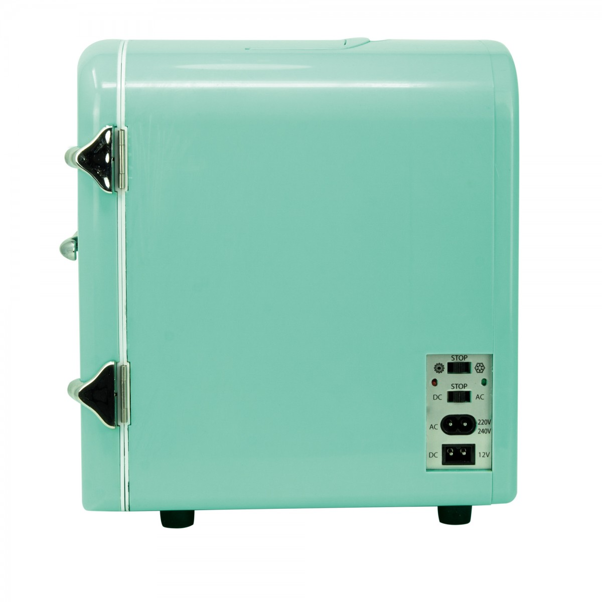 Un mini-frigorifero verde menta. Ha una porta con due maniglie cromate e un pannello di controllo sul retro.