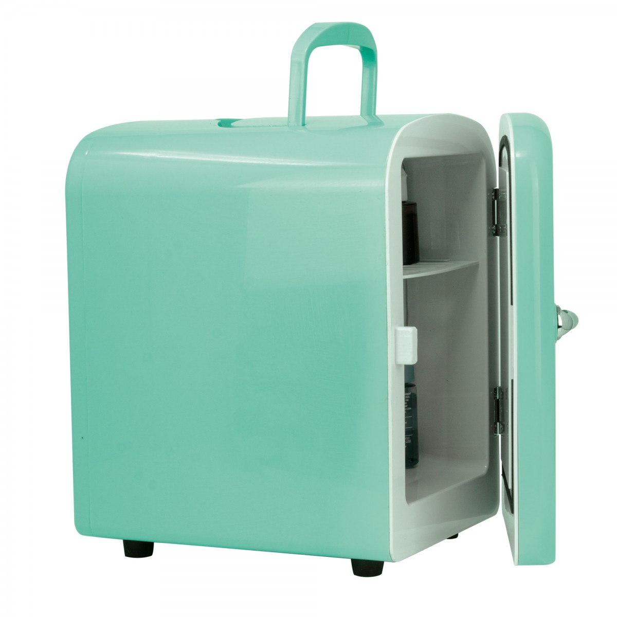 Mini frigo verde menta, porta aperta che rivela un ripiano. Interno bianco, maniglia in alto. Piedini neri.