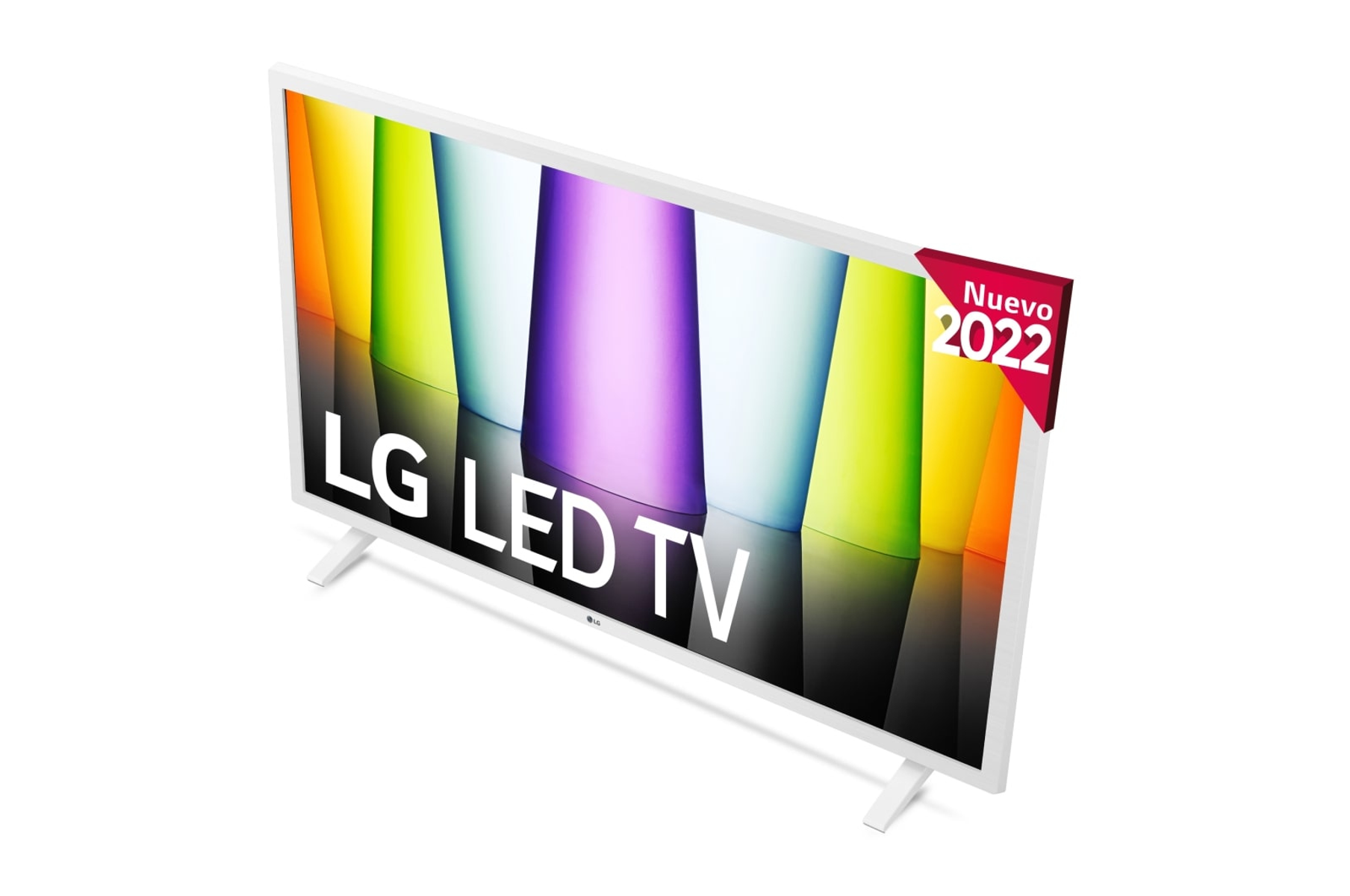 Biały telewizor LED LG z kolorowym obrazem tła, widok z perspektywy, z czerwoną etykietą "Nuevo 2022".