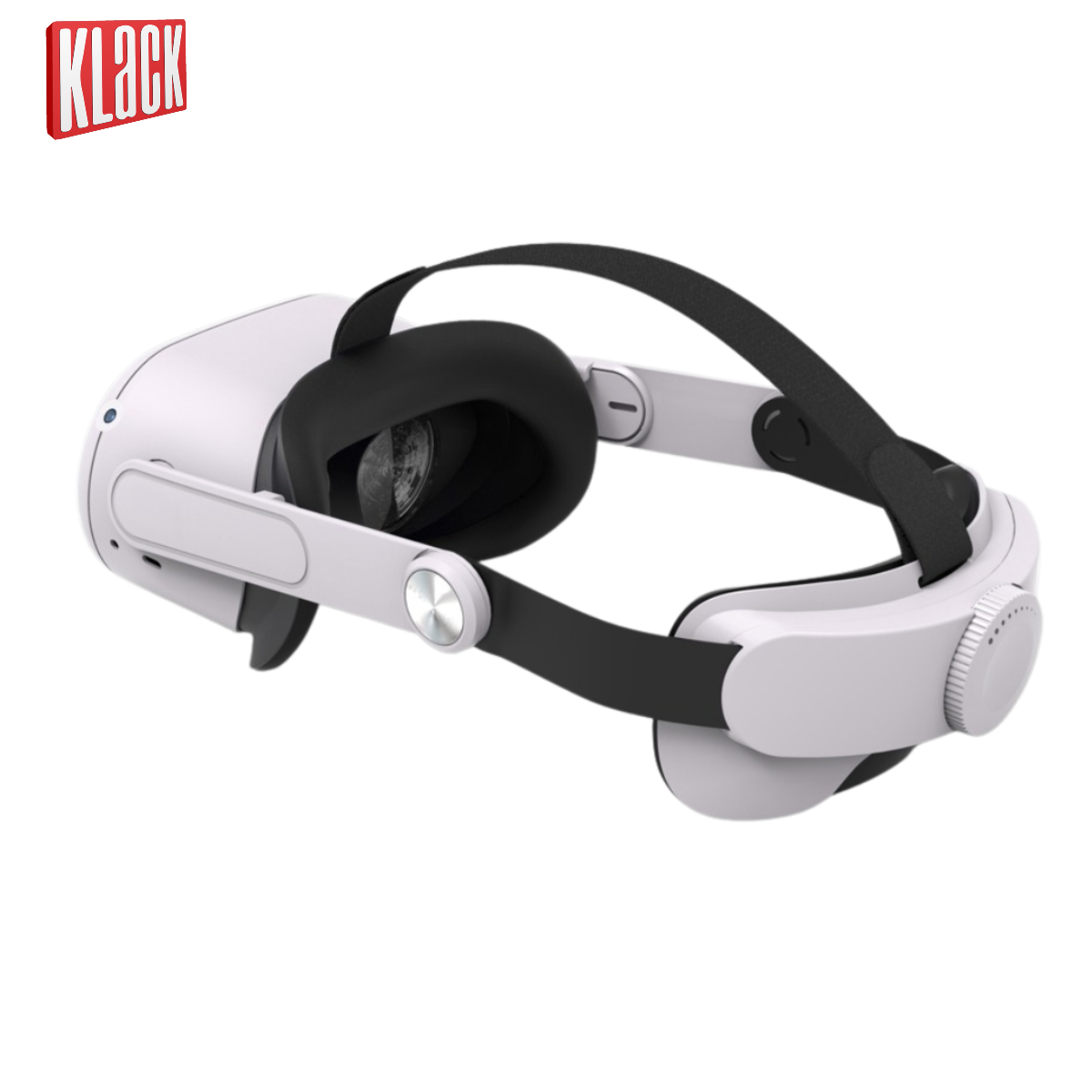 Auriculares VR blancos con correas negras y un cojín facial negro. La marca 'Klack' es visible.