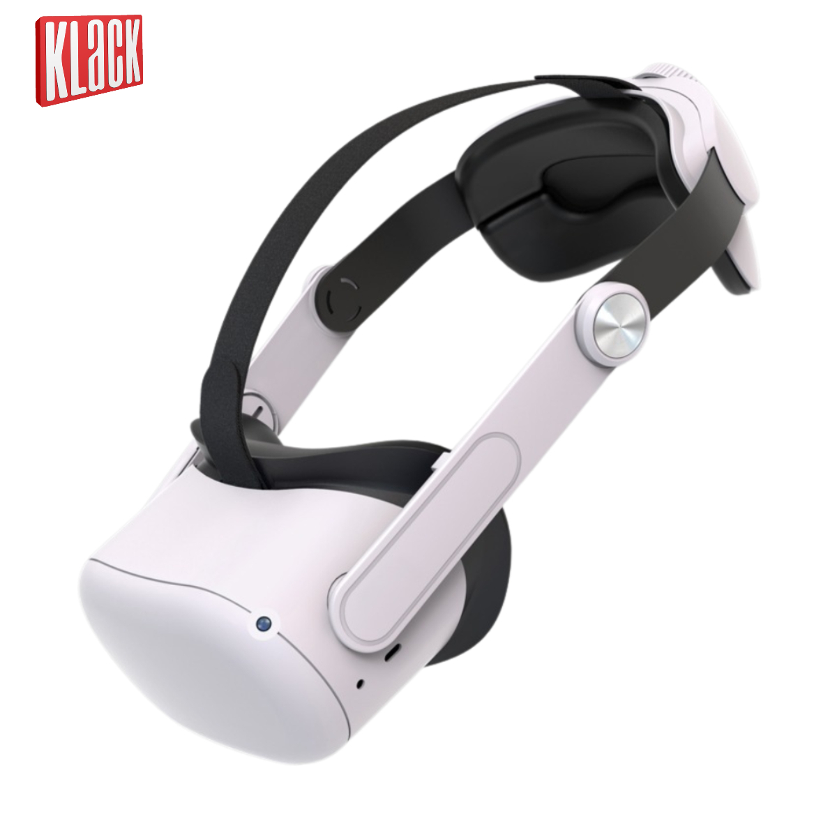 Auriculares VR blancos y negros con correa para la cabeza negra y ajuste lateral.