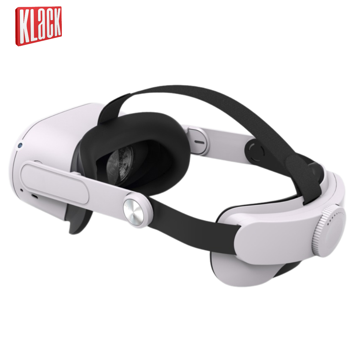 Auriculares VR, blanco y negro, con correa para la cabeza y dial.