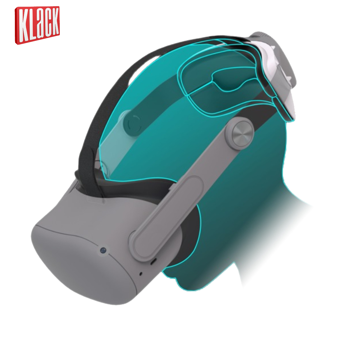 Un casco de realidad virtual con visor azul, correa gris y el logo Klack en la esquina superior izquierda.
