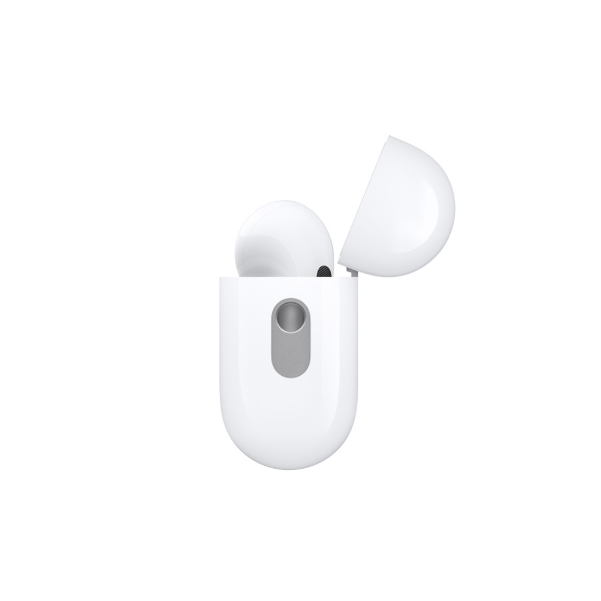 Auriculares blancos en su estuche de carga. Un auricular está dentro, el otro fuera del estuche.