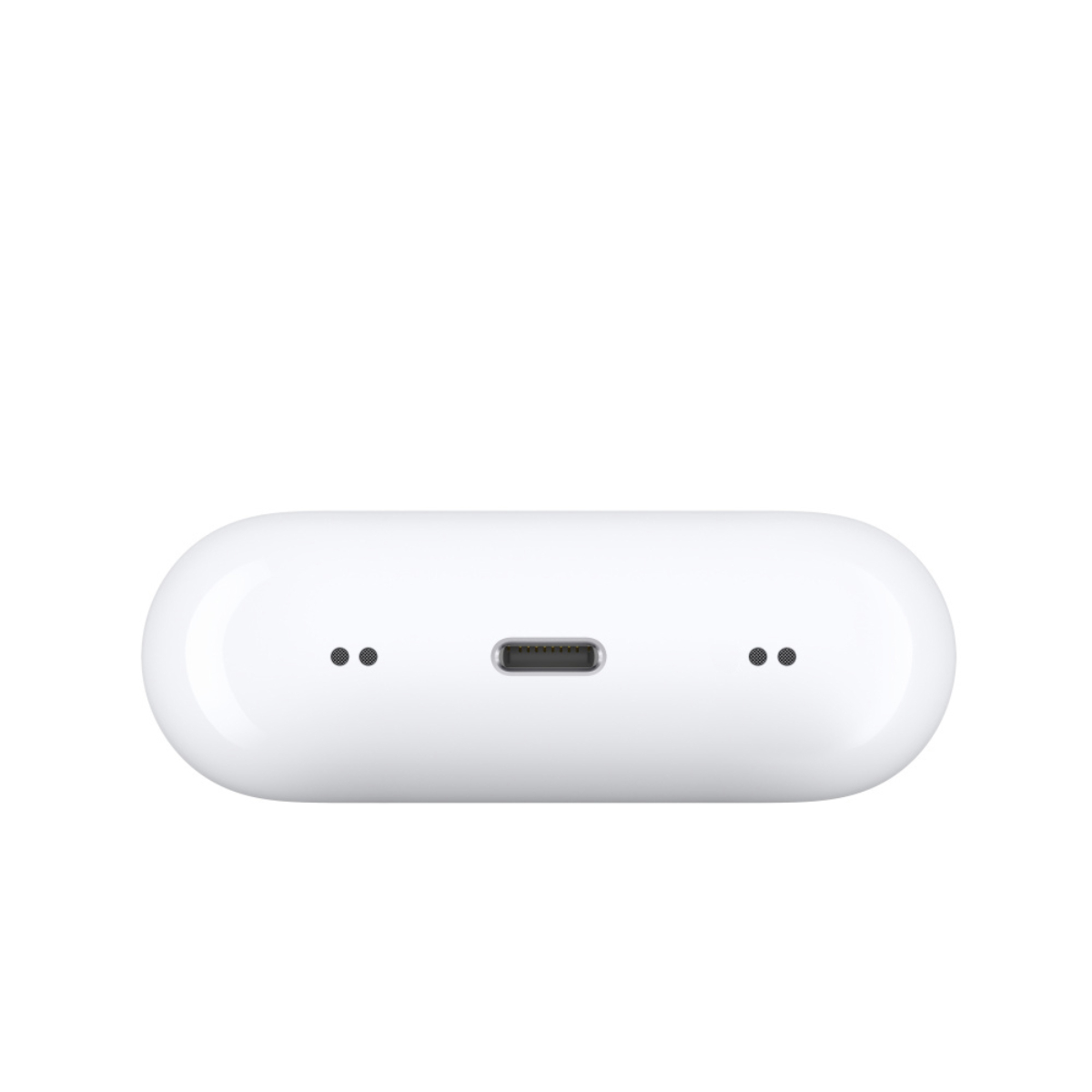 Estuche de carga de auriculares blancos con puerto de carga y dos puntos.