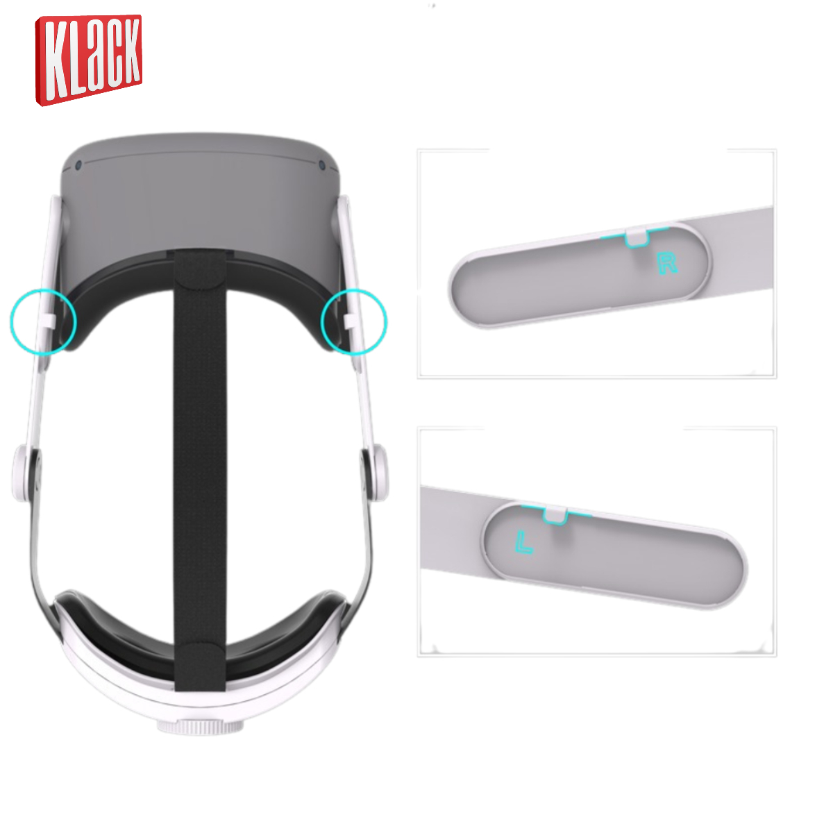 Un auricular de realidad virtual con detalles del ajuste lateral, con etiquetas "R" y "L" para derecha e izquierda.