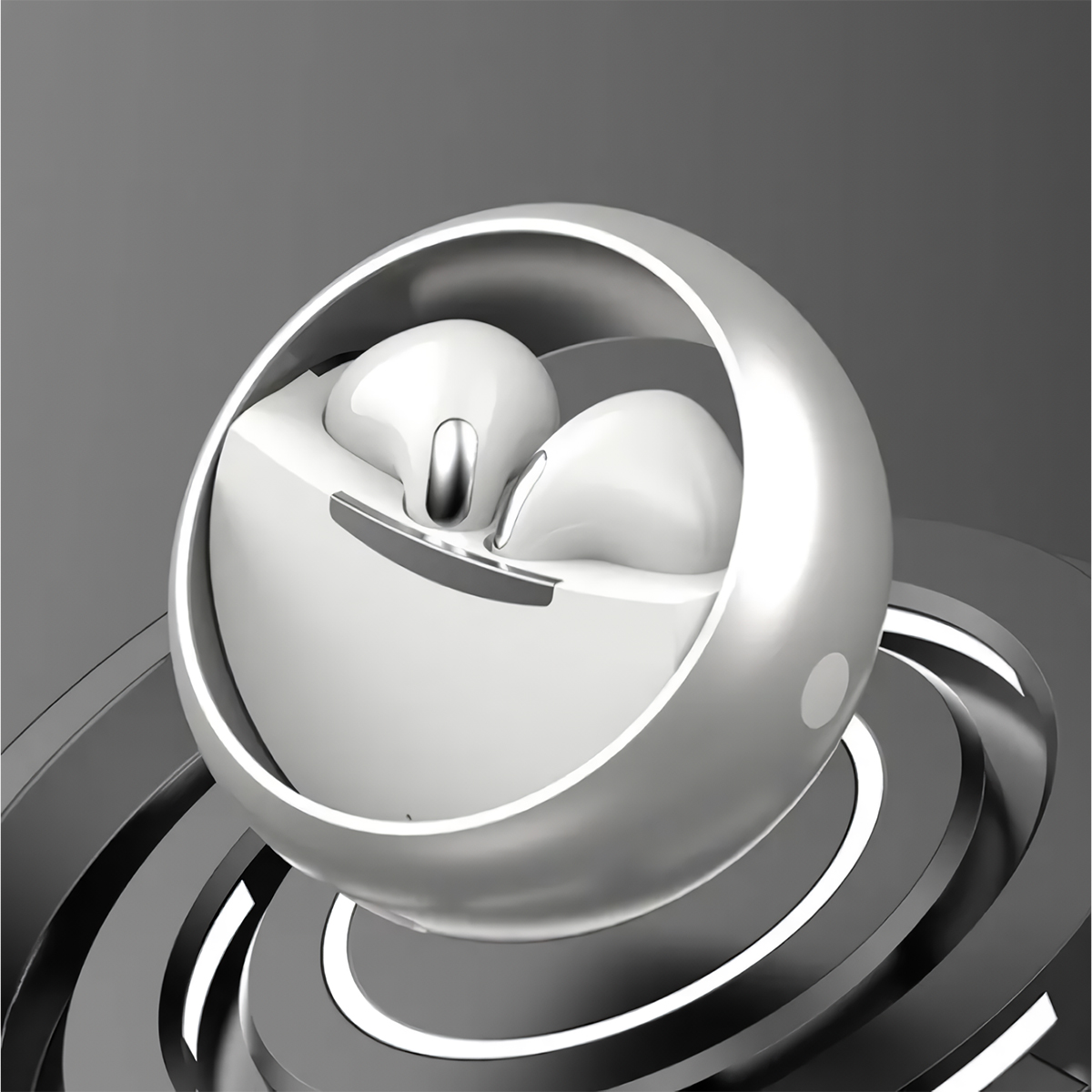 Auriculares blancos en una caja esférica plateada, sobre una superficie circular gris.
