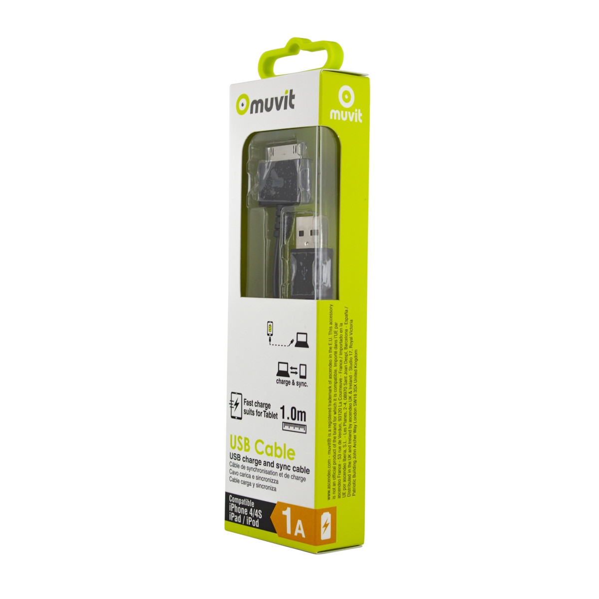 Cable USB empaquetado en blanco y verde, con cable y conectores negros.