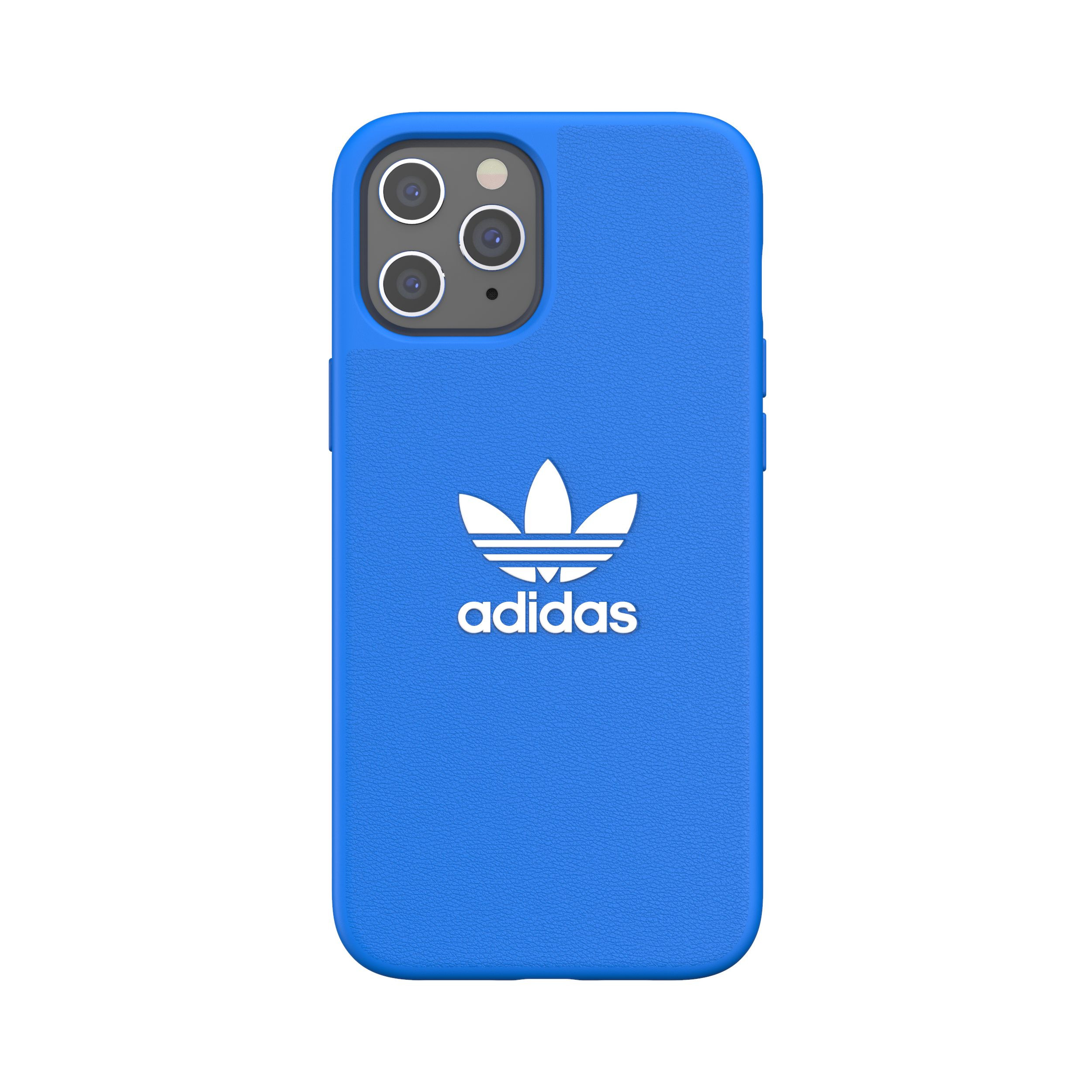 Una funda de teléfono azul con el logotipo de Adidas en blanco sobre un fondo blanco.