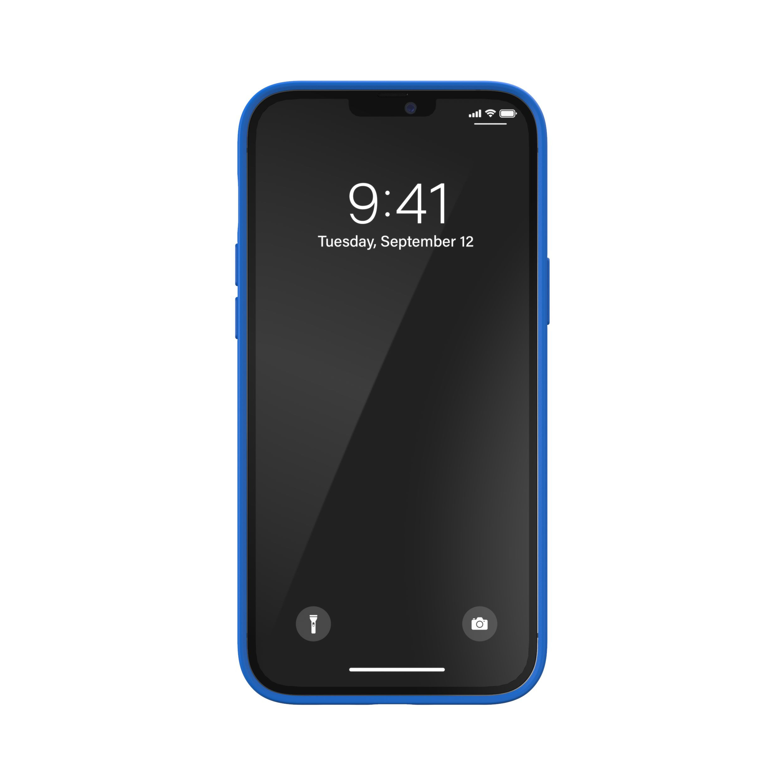 Un smartphone negro en una funda azul que muestra la hora y algunos iconos de aplicaciones.