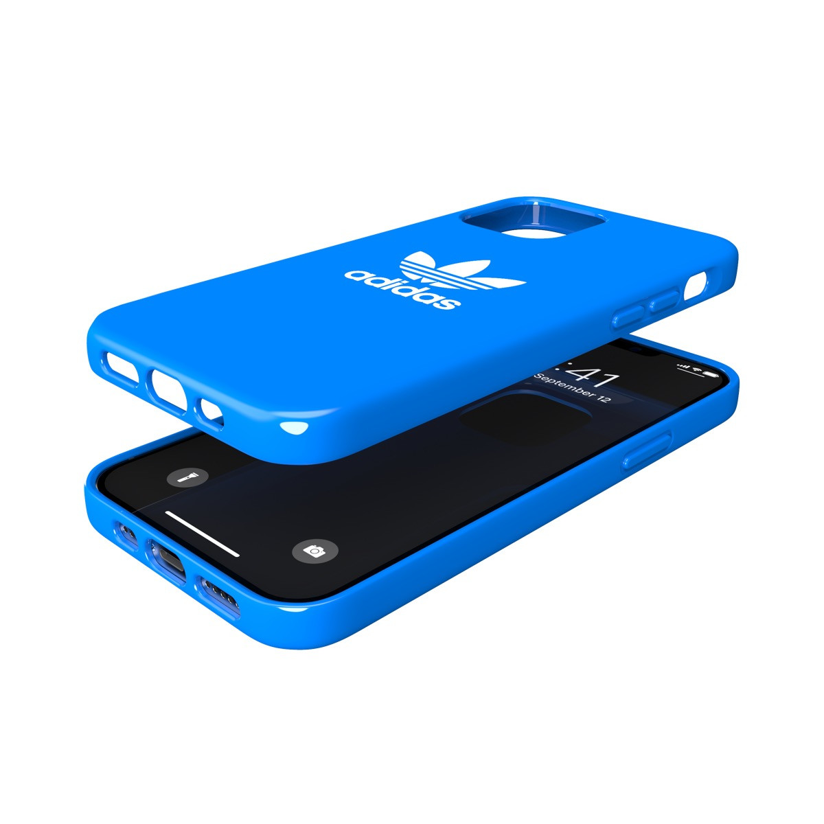 Custodia per telefono Adidas blu con il logo Adidas e un telefono. Il telefono mostra l'ora.
