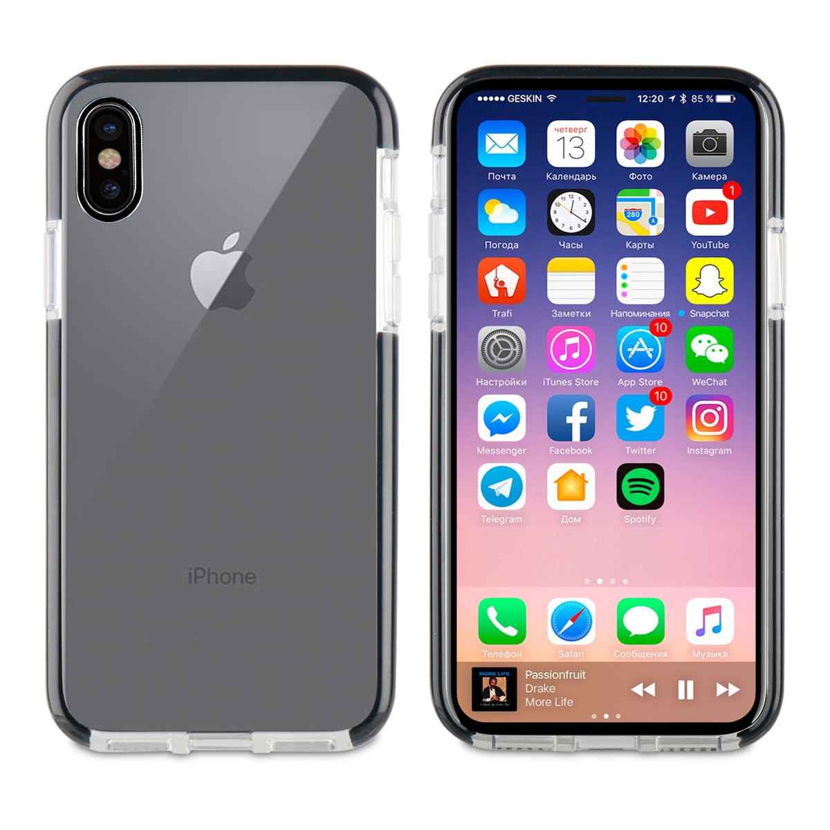 iPhone X in una custodia trasparente, che mostra una schermata iniziale con app e ora.