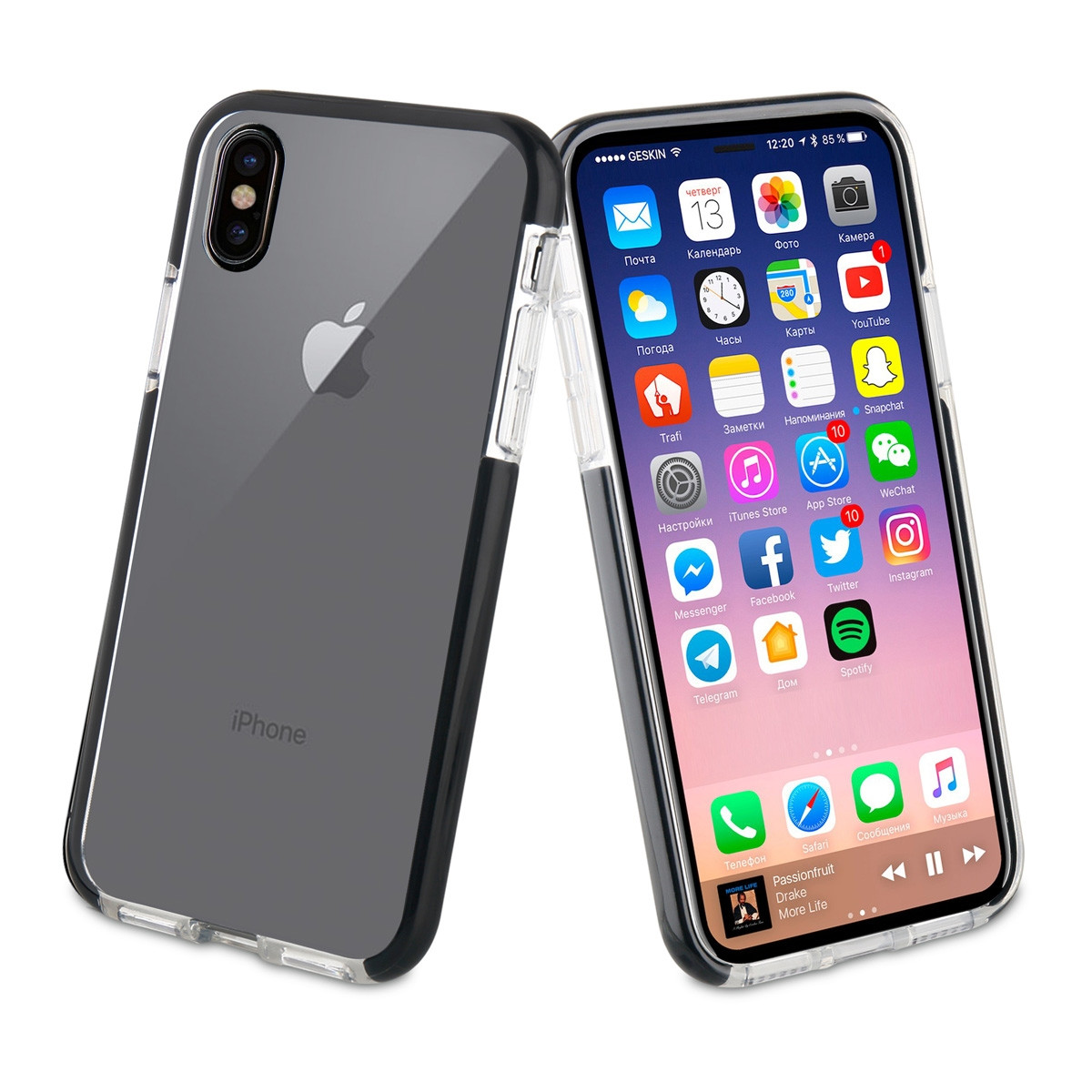 Due iPhone con custodie trasparenti. Uno mostra app, l'altro è vuoto.