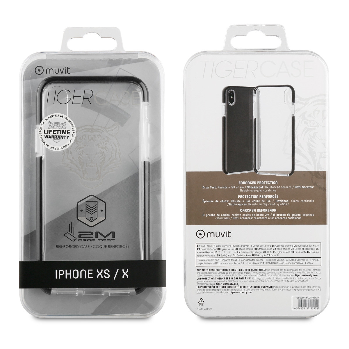 Confezione della custodia per iPhone XS/X, che mostra la custodia e le sue caratteristiche, con un fronte in plastica trasparente.