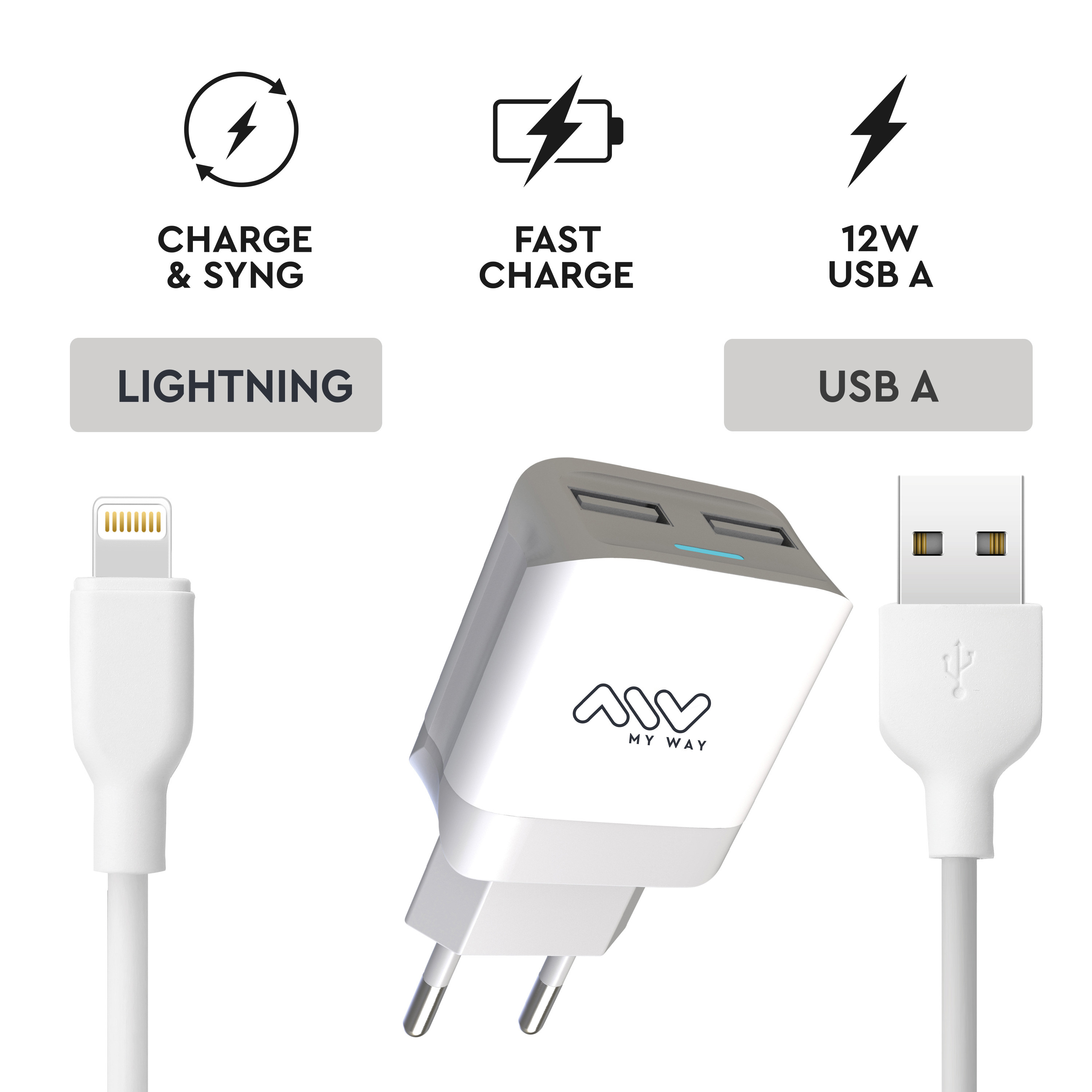 Un cargador blanco con cables Lightning y USB-A, y etiquetas de texto: Carga y sincronización, Carga rápida, 12W USB A.