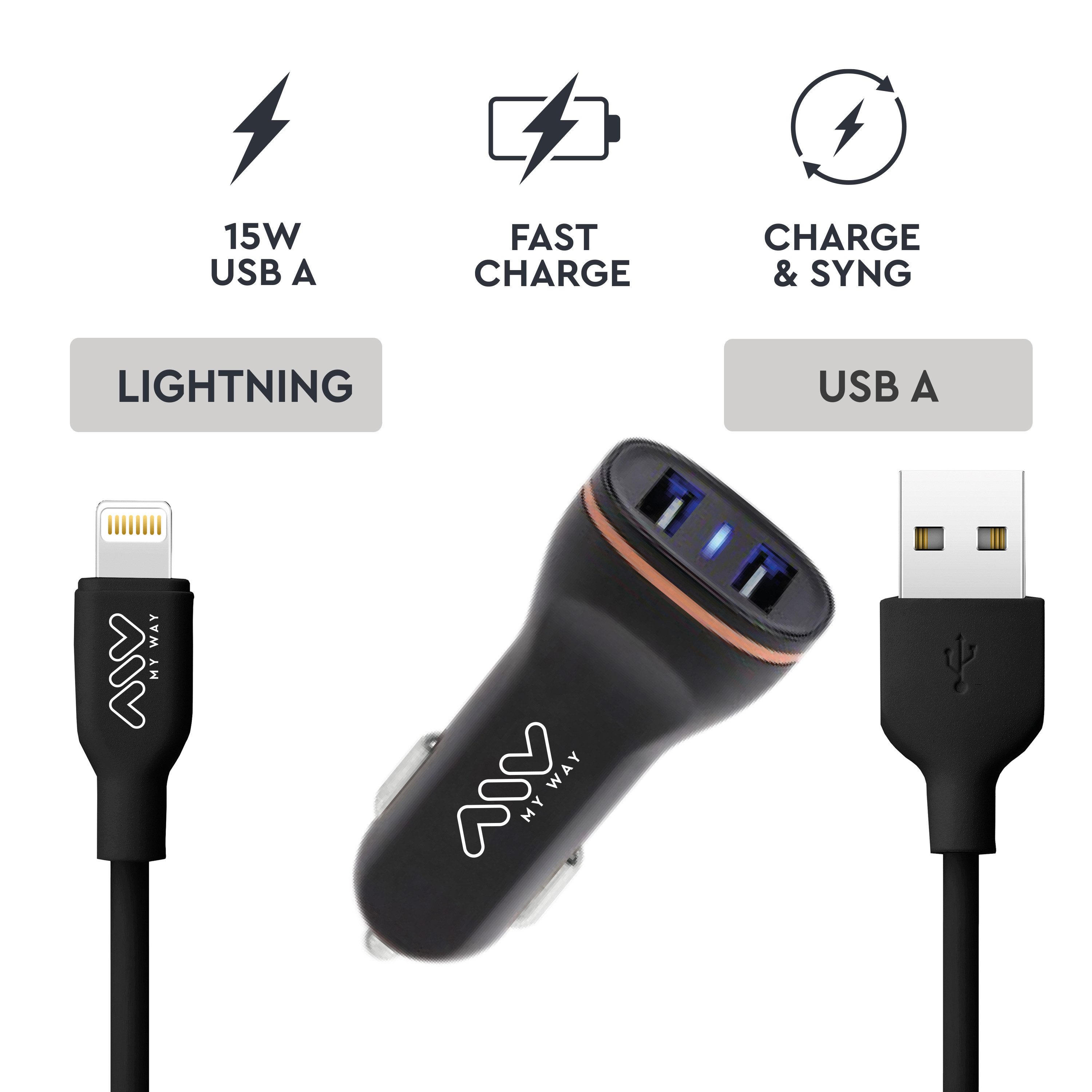 Cargador de coche con puertos USB y cables. Se muestran cables Lightning y USB-A.