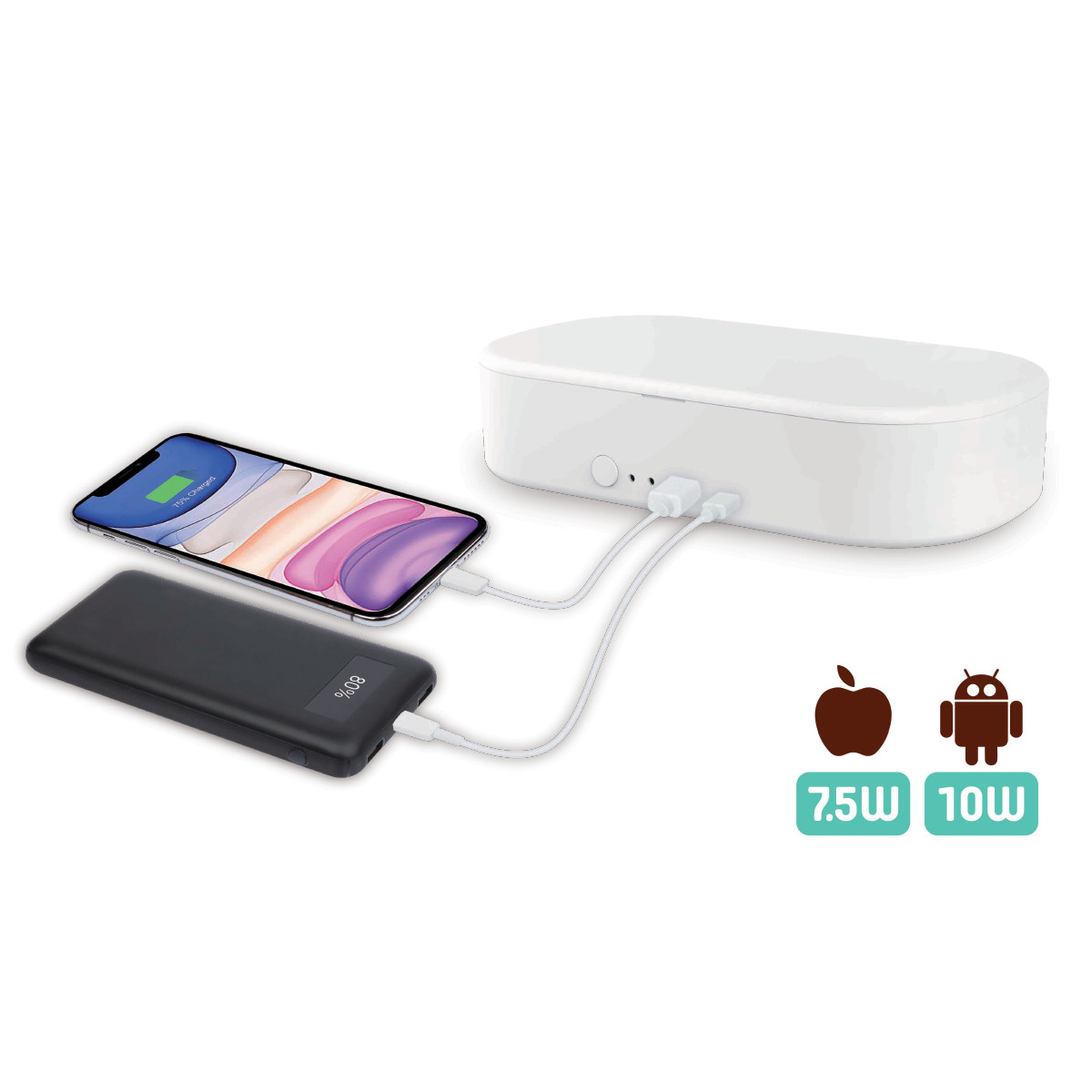 Una estación de carga blanca con un teléfono y un banco de energía conectados.