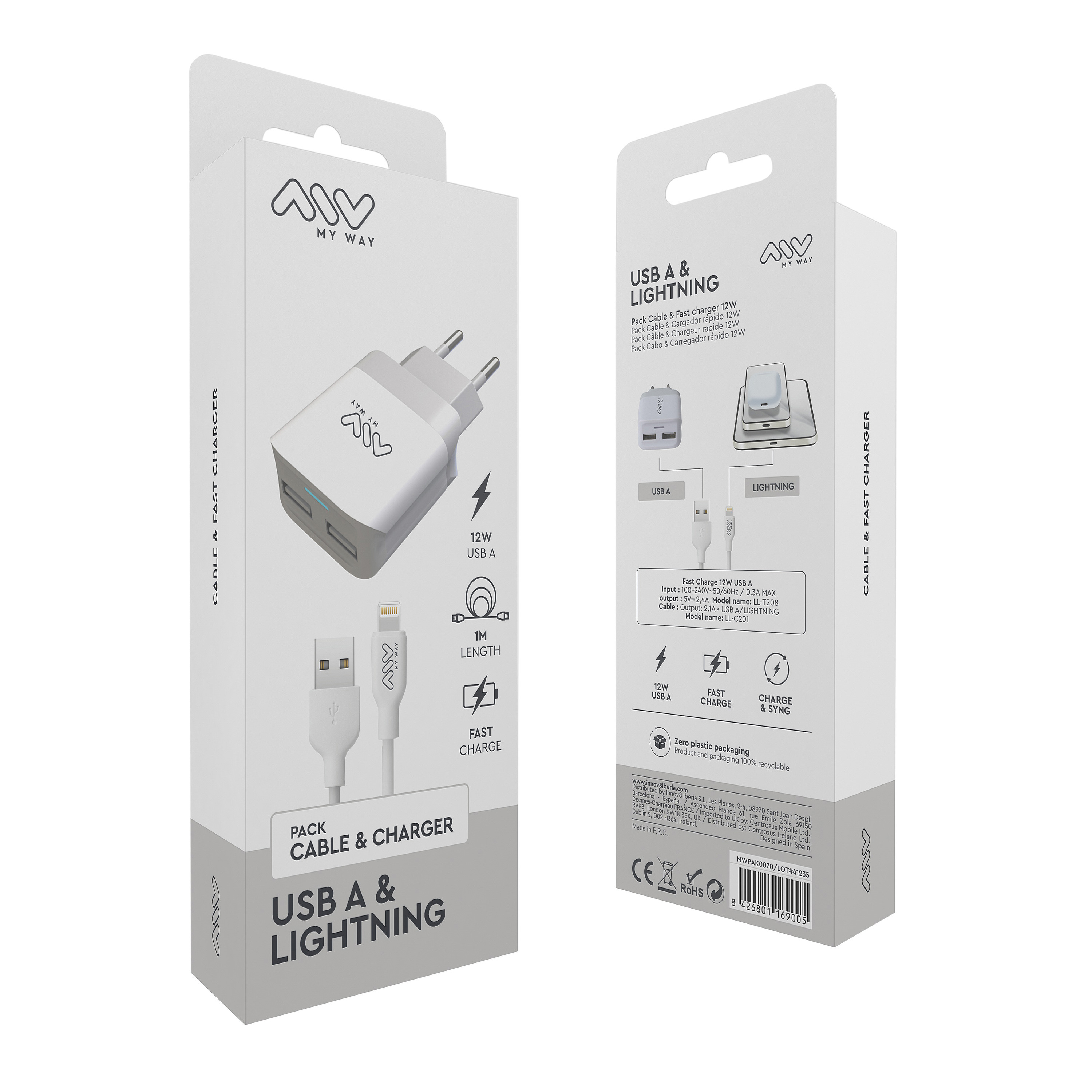 Un cargador USB A y Lightning en una caja, con un cable y el propio cargador.