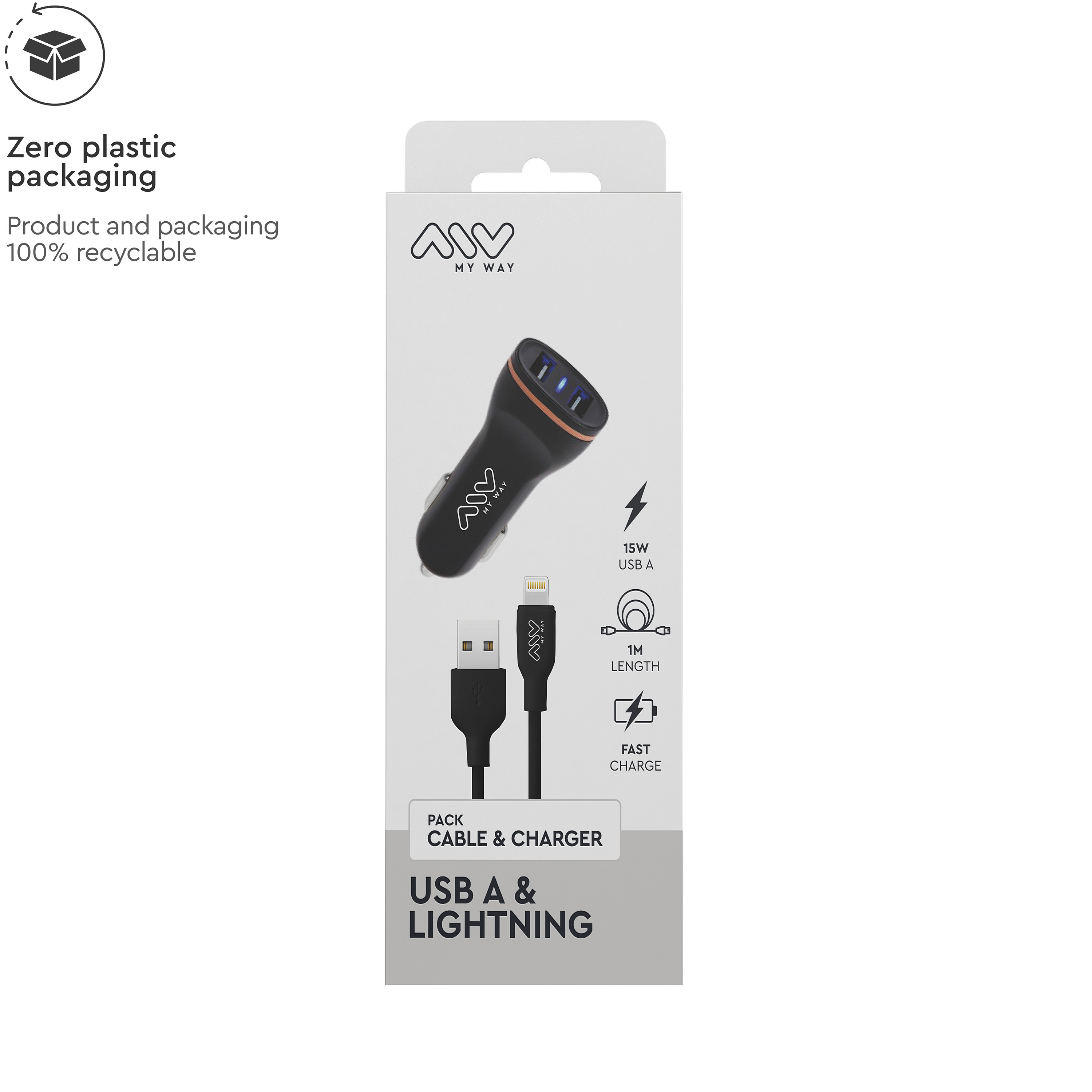 Cargador USB A y Lightning negro, con cable, en caja.