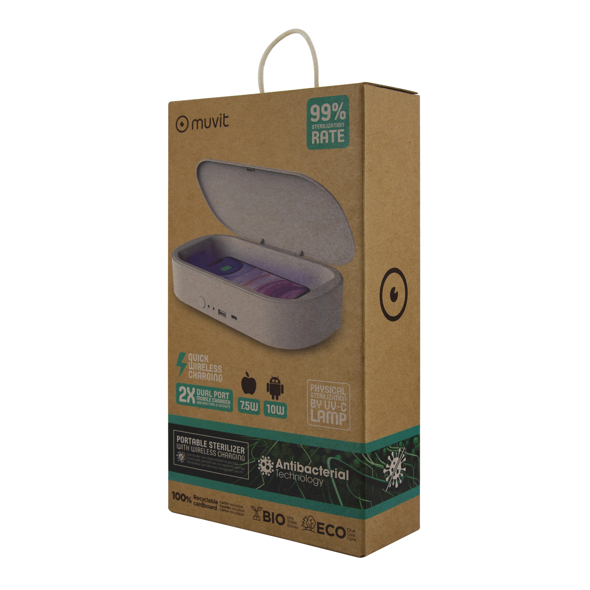 Caja Muvit con teléfono dentro. Esterilizador portátil con carga inalámbrica.