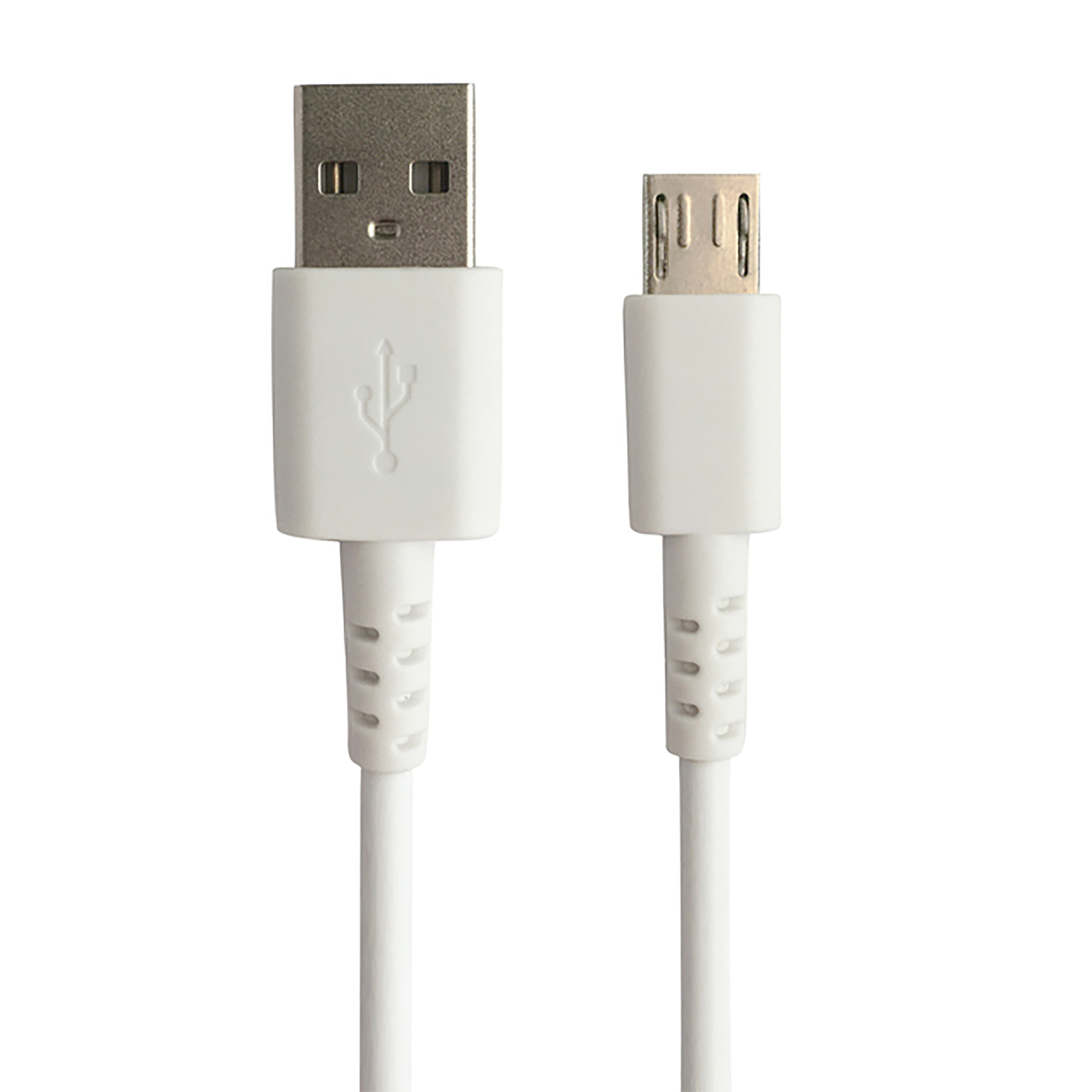 Cavo da USB a micro USB bianco su sfondo bianco, entrambe le estremità visibili, vista frontale.