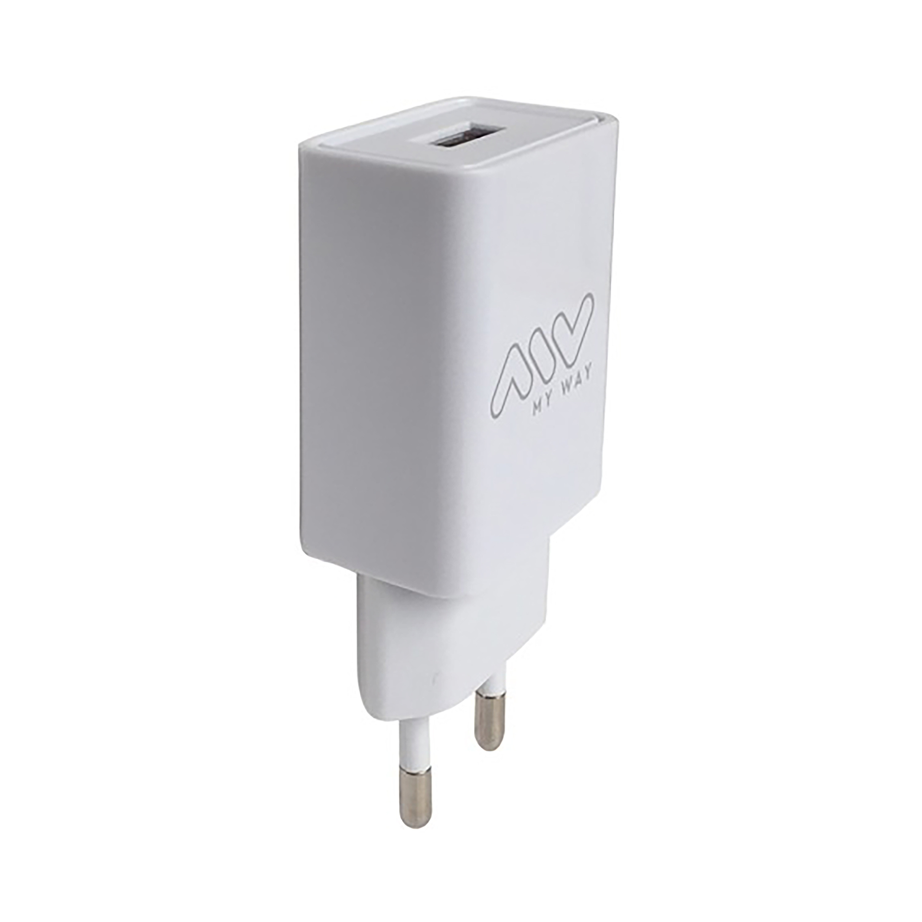 Caricabatterie da parete bianco con corpo rettangolare e porta USB, con il logo 'AIV MY WAY'.