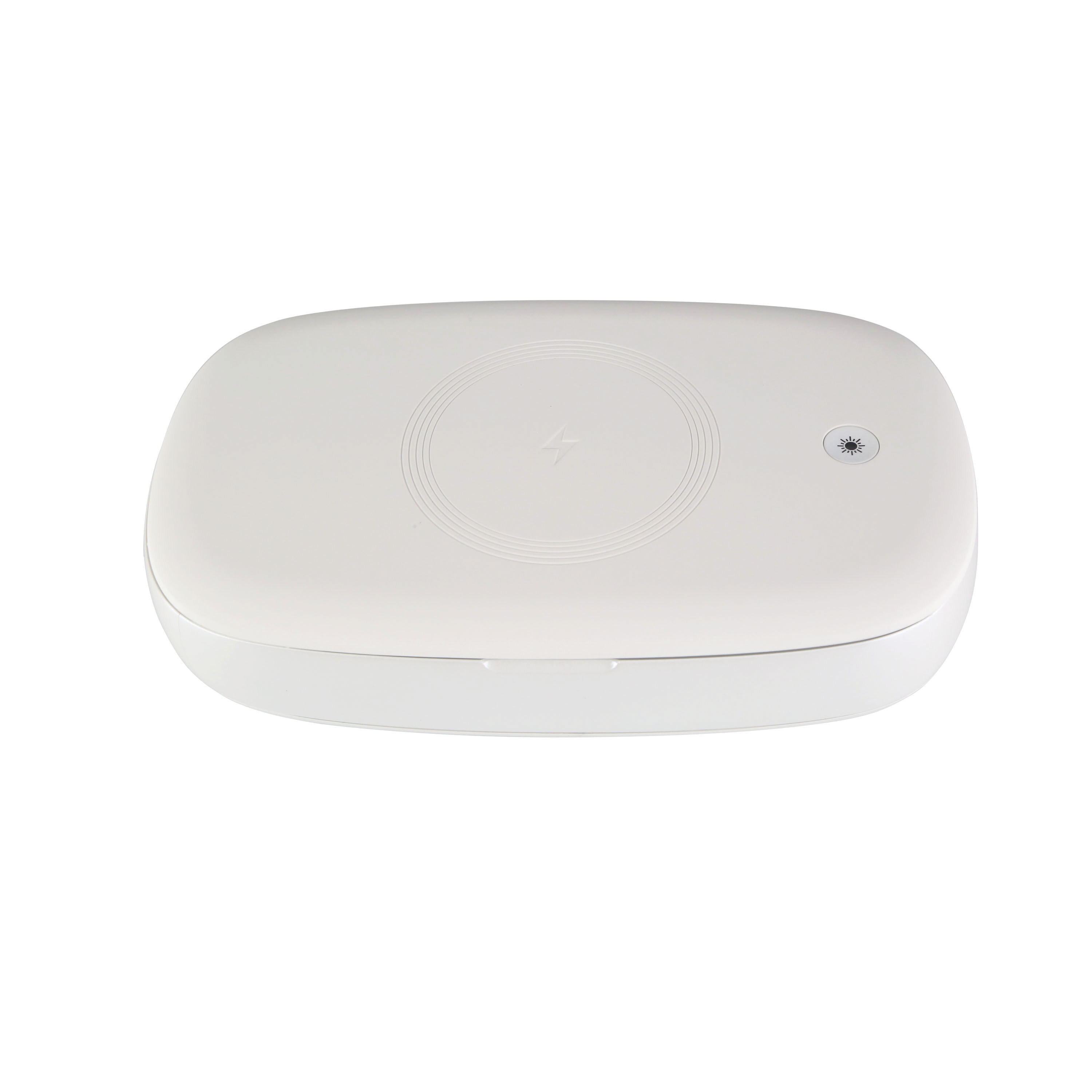 Cargador inalámbrico blanco, ovalado, con símbolo de carga.